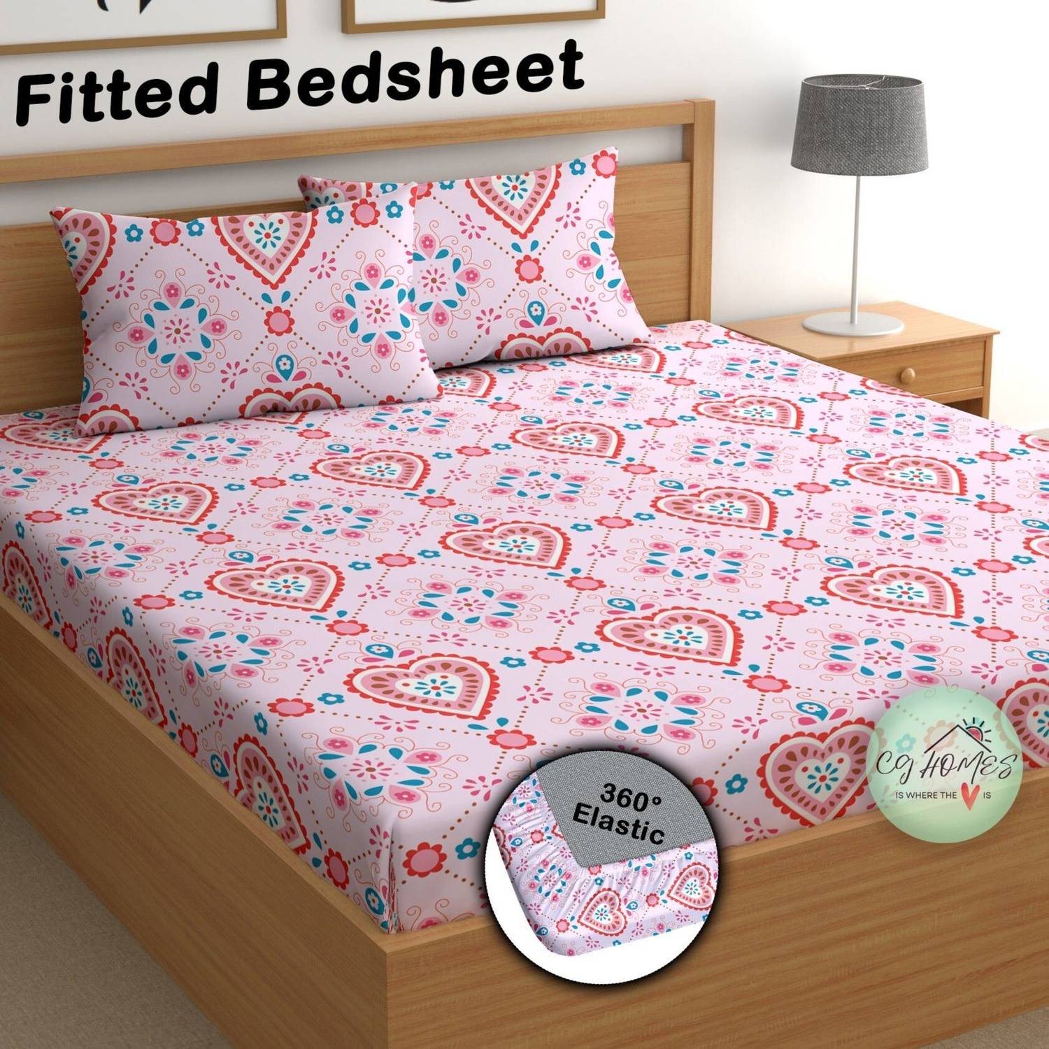 CG Homes Cotton Double Fitted (Elastic) 180 TC Printed 1 Bedsheet