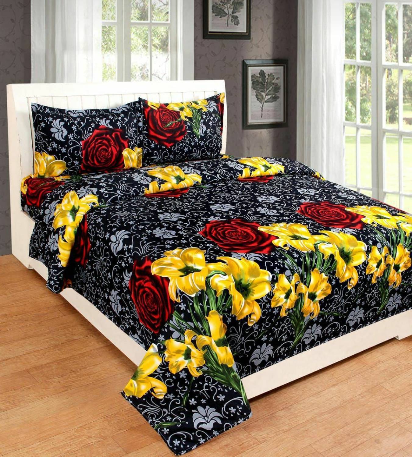 KRISHNDECOR Polycotton Double Flat 100 TC 3D Printed 1 Bedsheet with 2 Pillow Covers