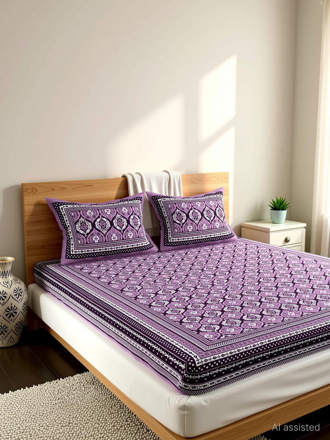 Image of MONAYRA Cotton Double Flat 144 TC Jaipuri Prints 1 Bedsheet with 2 Pillow Covers