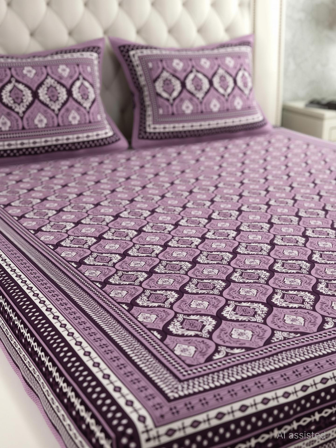 Image of MONAYRA Cotton Double Flat 144 TC Jaipuri Prints 1 Bedsheet with 2 Pillow Covers