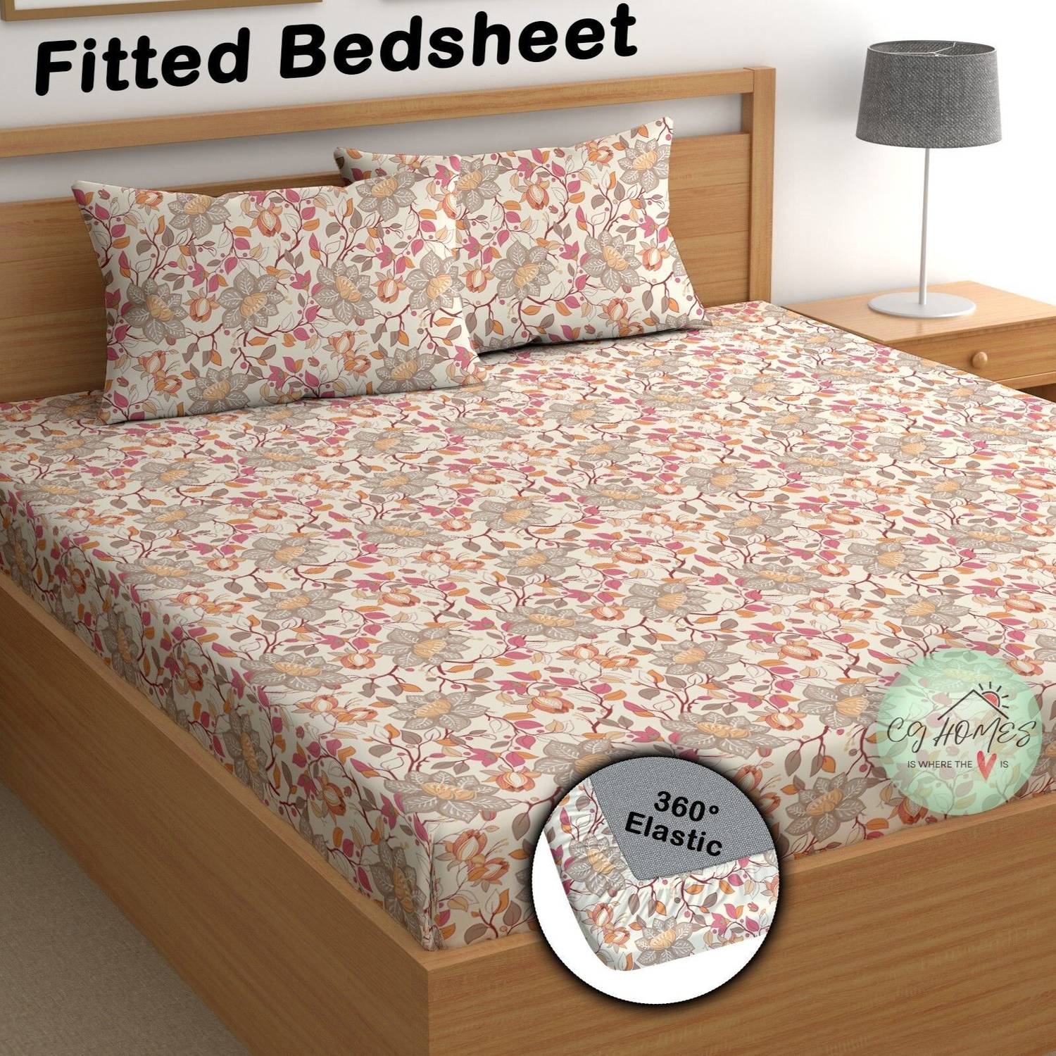 CG Homes Cotton Double Fitted (Elastic) 180 TC Printed 1 Bedsheet