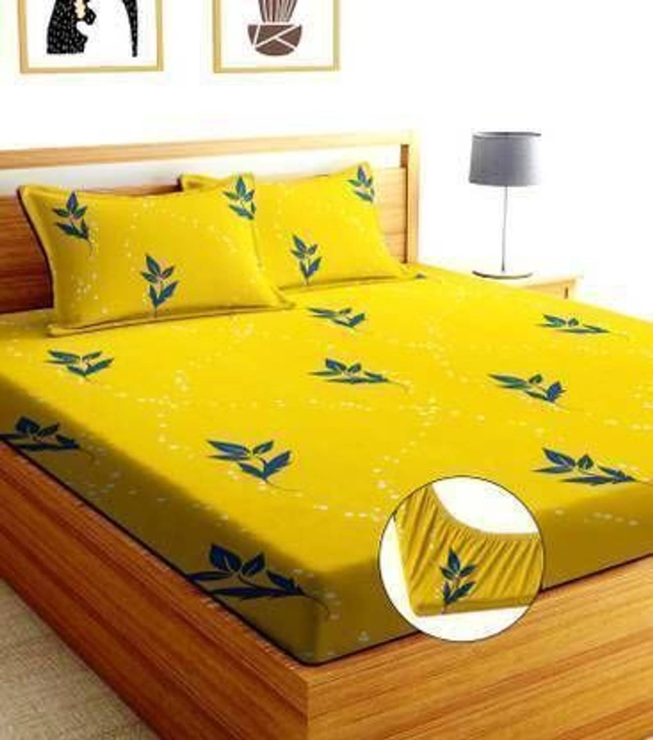 ajeemansarifab Polycotton Double Fitted (Elastic) 180 TC 3D Printed 1 Summer Bedsheet with 2 Pillow Covers, 2 Cushion Covers