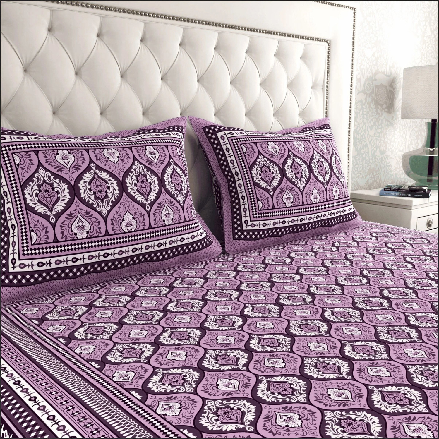 Image of MONAYRA Cotton Double Flat 144 TC Jaipuri Prints 1 Bedsheet with 2 Pillow Covers