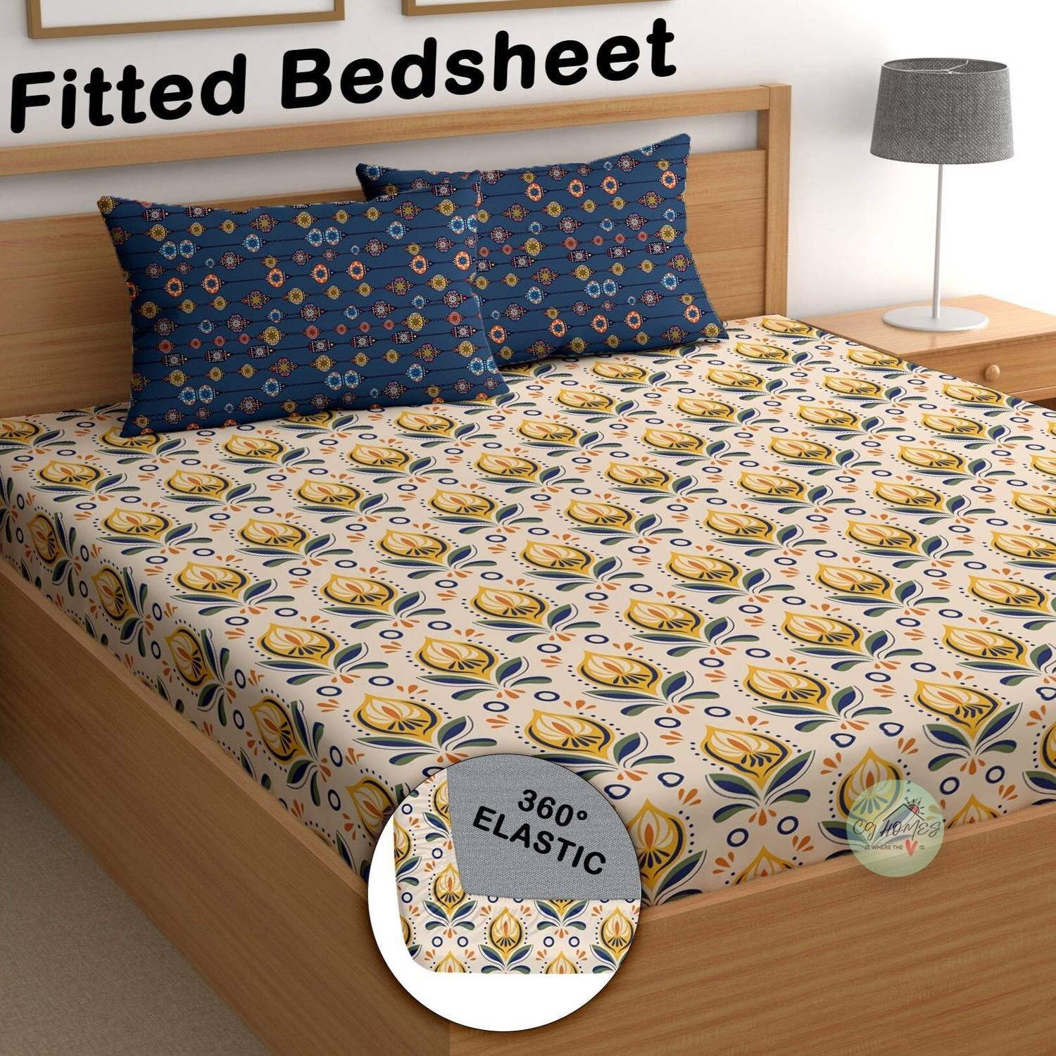 CG Homes Cotton Double Fitted (Elastic) 180 TC Printed 1 Bedsheet