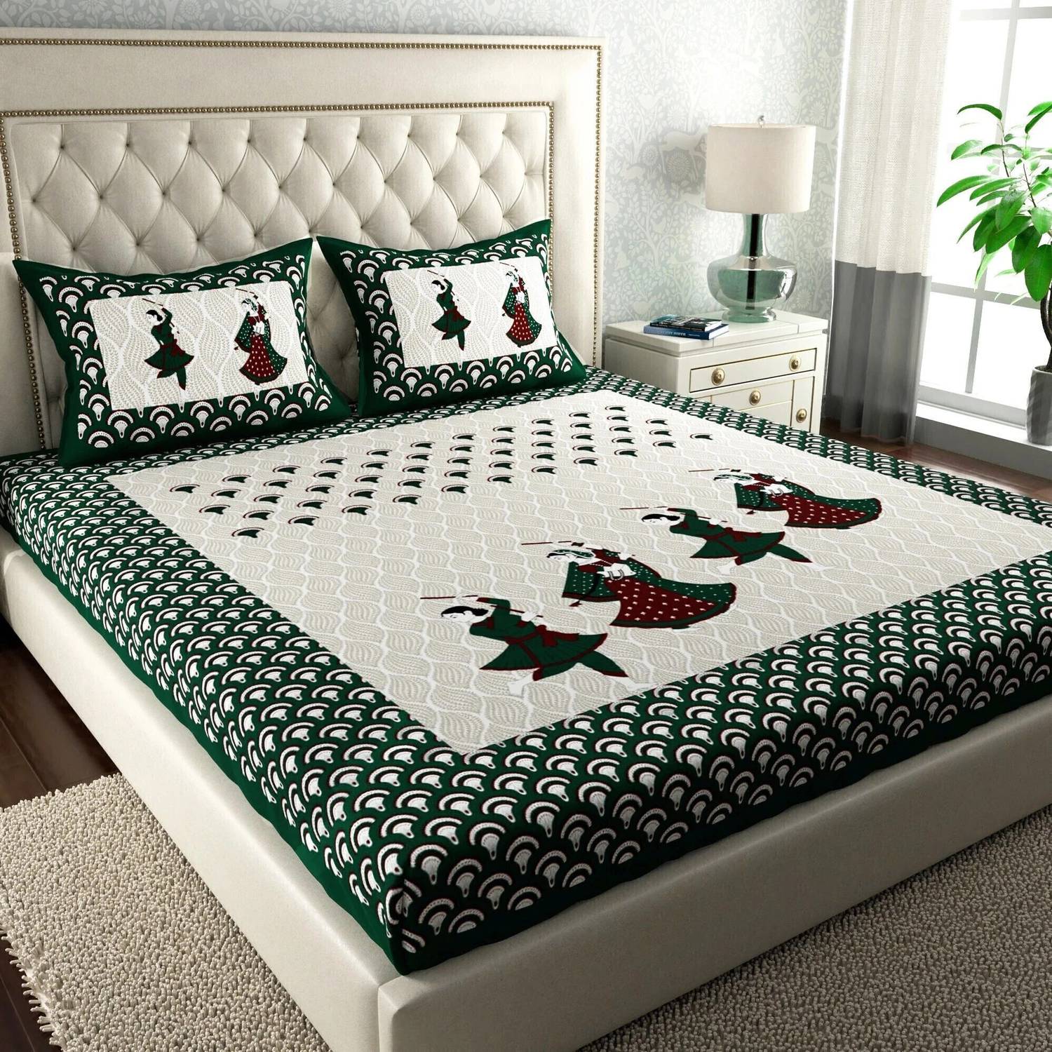 Leo Creation Cotton Double Flat 144 TC Jaipuri Prints 1 Bedsheet with 2 Pillow Covers