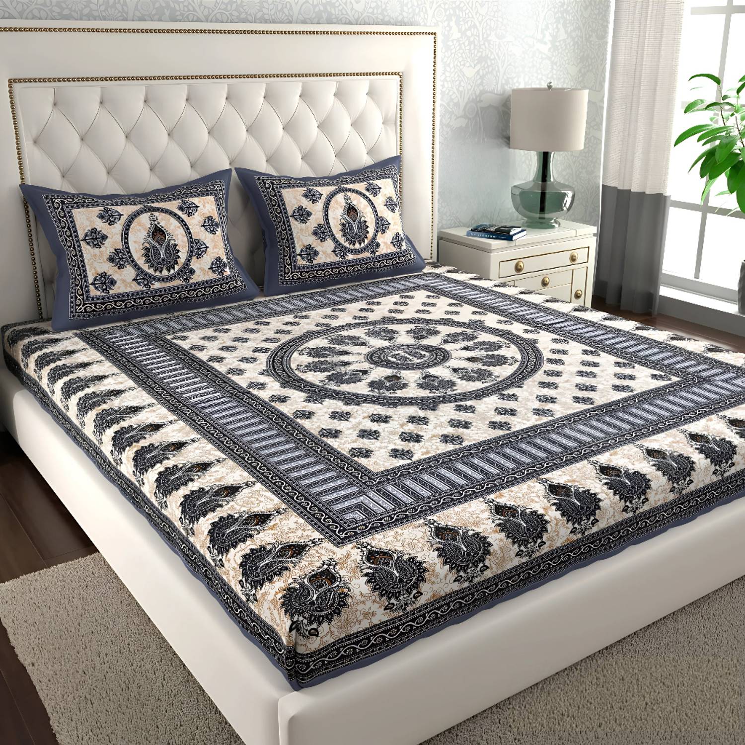 Jeevat Cotton Double Flat 144 TC Jaipuri Prints 1 Bedsheet with 2