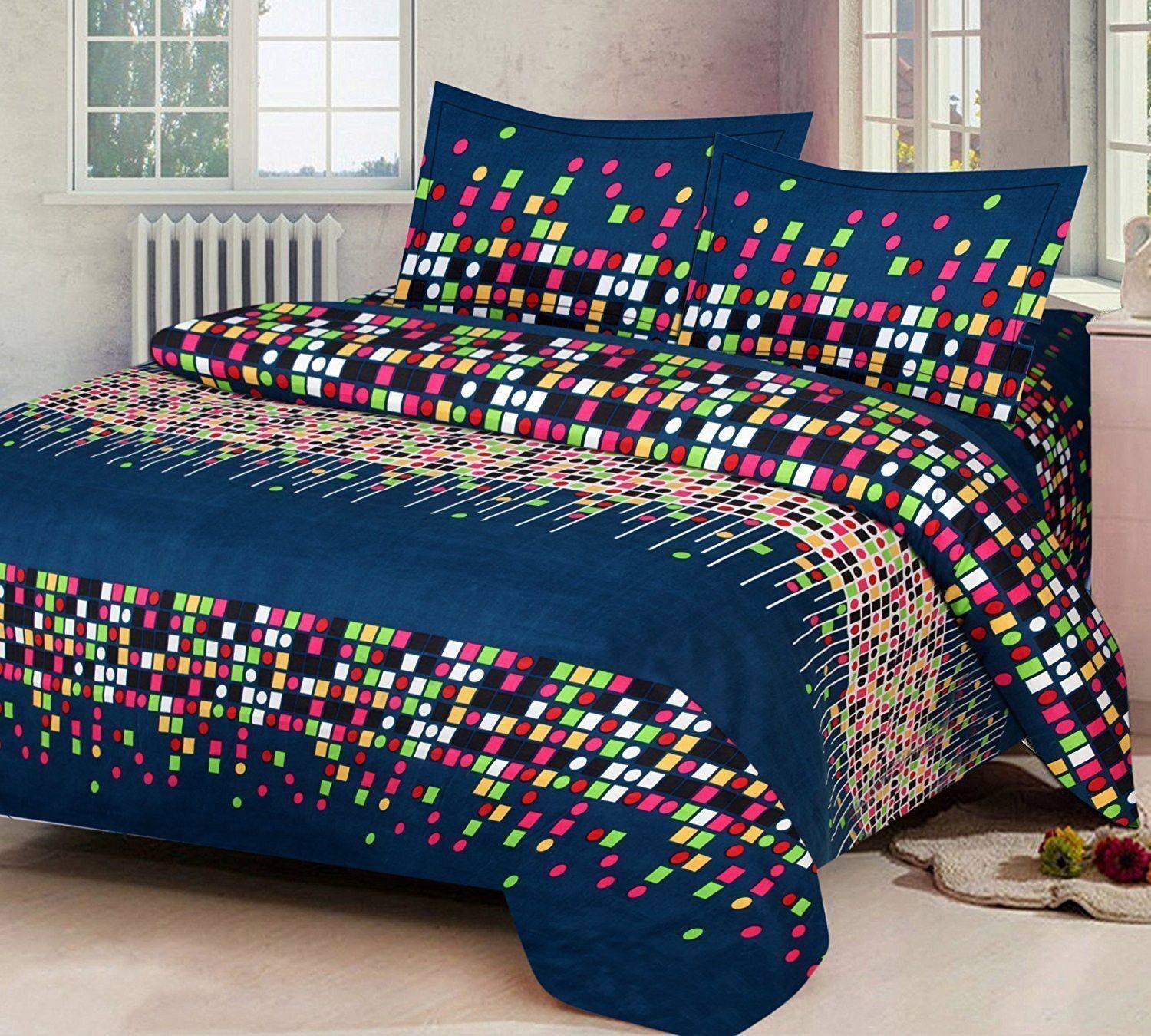 Avni polly cotton Polycotton, Microfiber, Cotton Blend Double Flat 140 TC 3D Printed 1 Bedsheet with 2 Pillow Covers