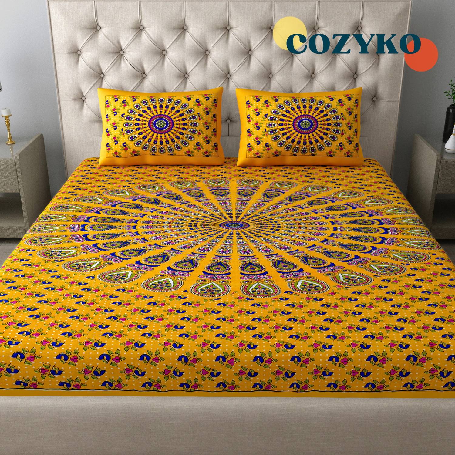 COZYKO Cotton Double Flat 144 TC Printed 1 Bedsheet with 2 Pillow