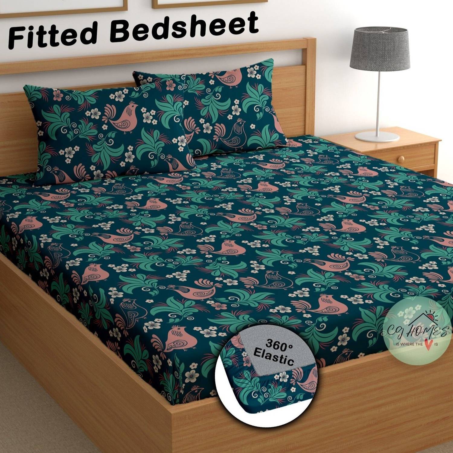 CG Homes Cotton Double Fitted (Elastic) 180 TC Printed 1 Bedsheet