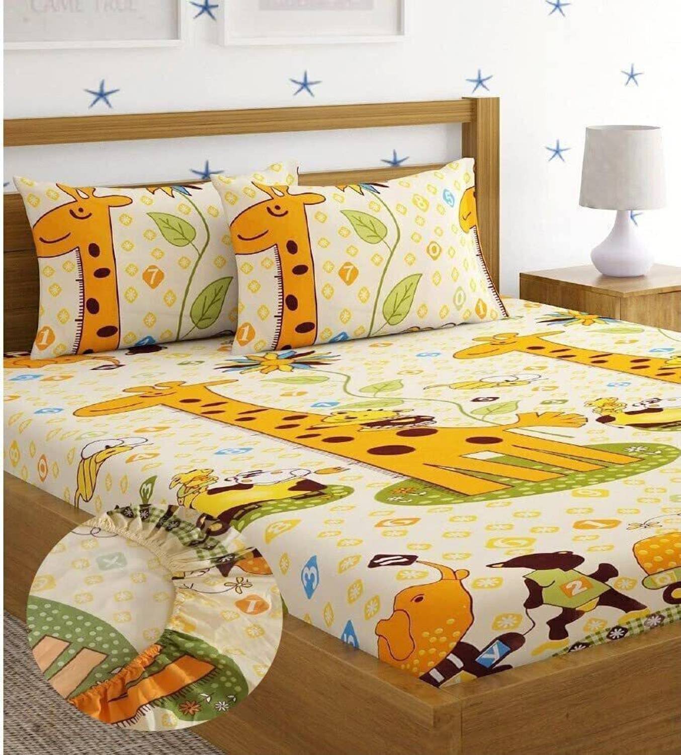 ANAND DECOR MORE Cotton Double Fitted (Elastic) 170 TC Animal 1 B