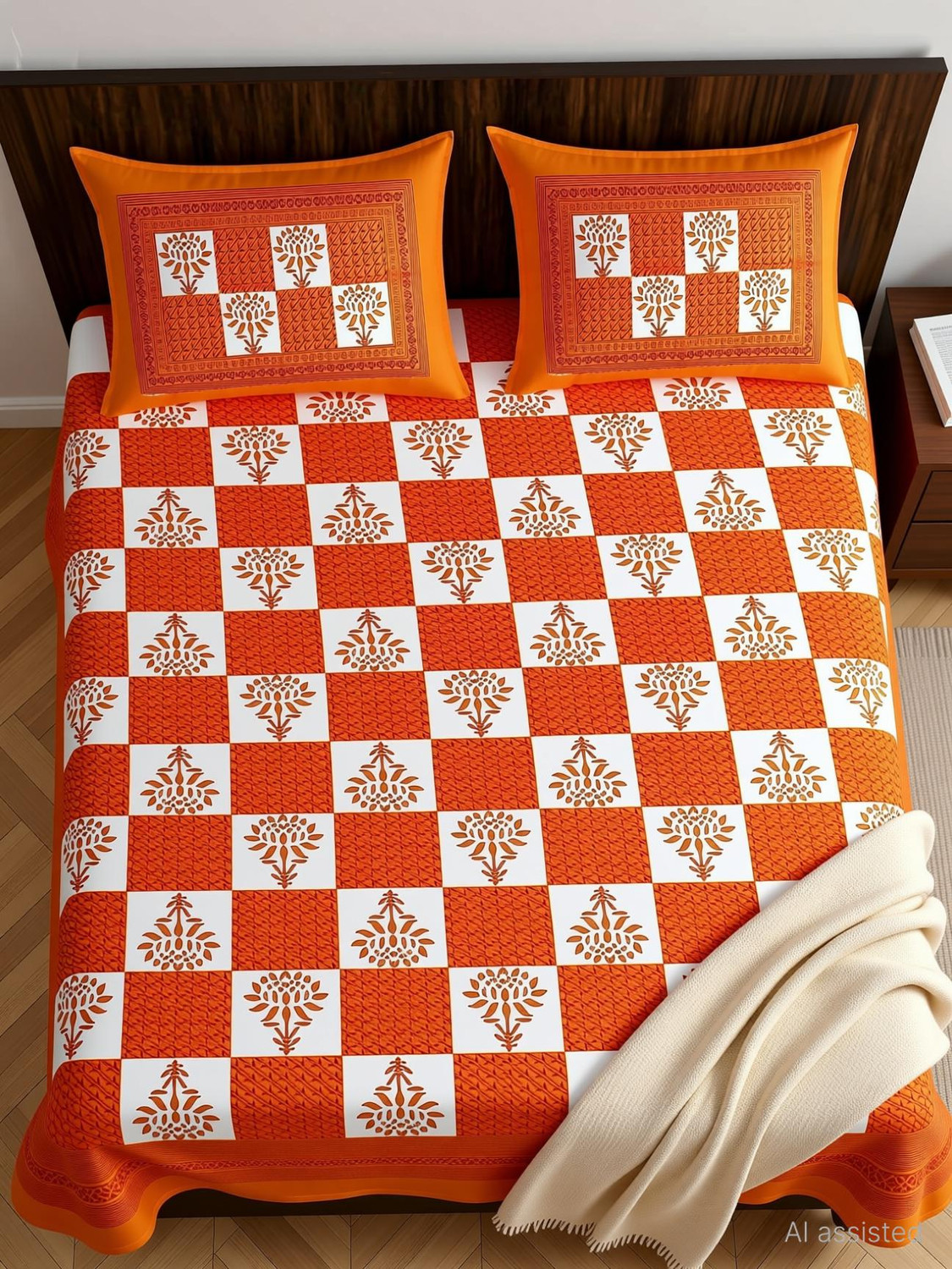 Image of MONAYRA Cotton Double Flat 144 TC Jaipuri Prints 1 Bedsheet with 2 Pillow Covers (Brown, Light Brown, White, Beige)