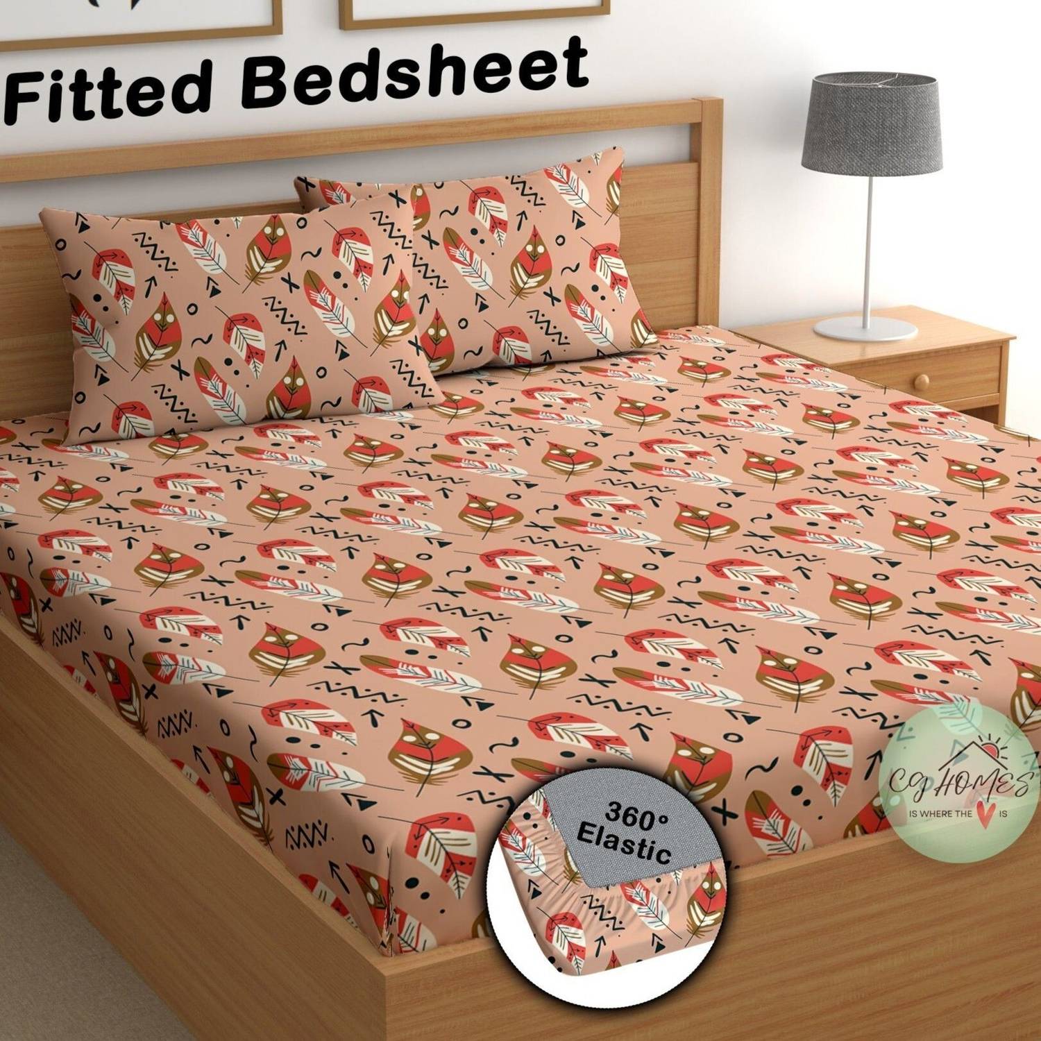CG Homes Cotton Double Fitted (Elastic) 180 TC Printed 1 Bedsheet