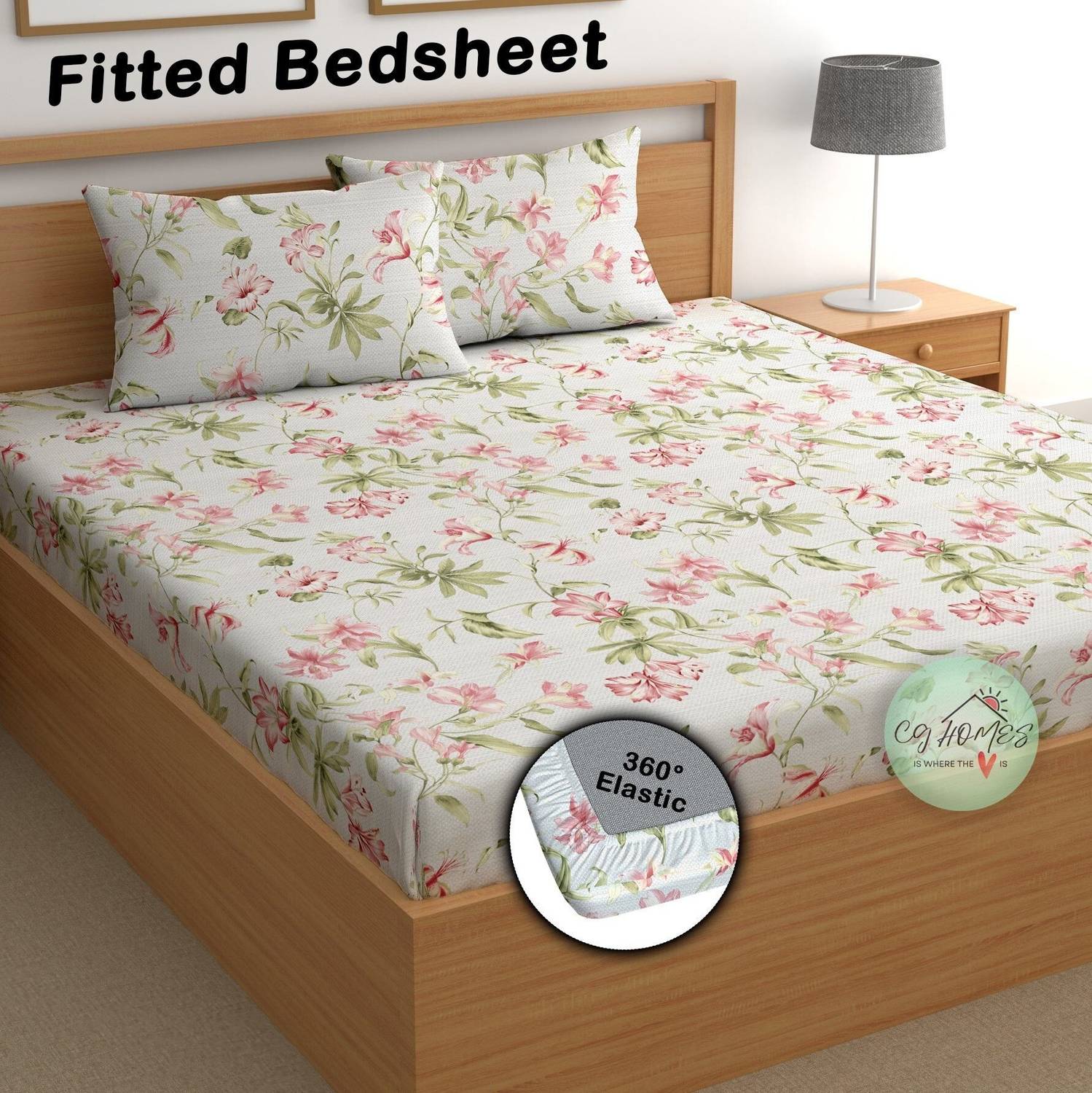 CG Homes Cotton Double Fitted (Elastic) 180 TC Printed 1 Bedsheet