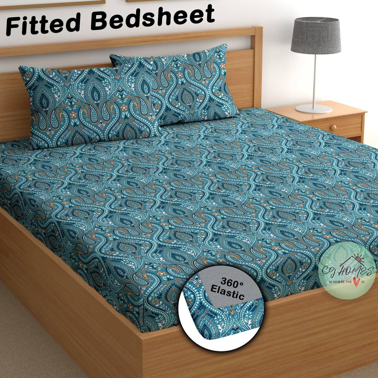 CG Homes Cotton Double Fitted (Elastic) 180 TC Printed 1 Bedsheet