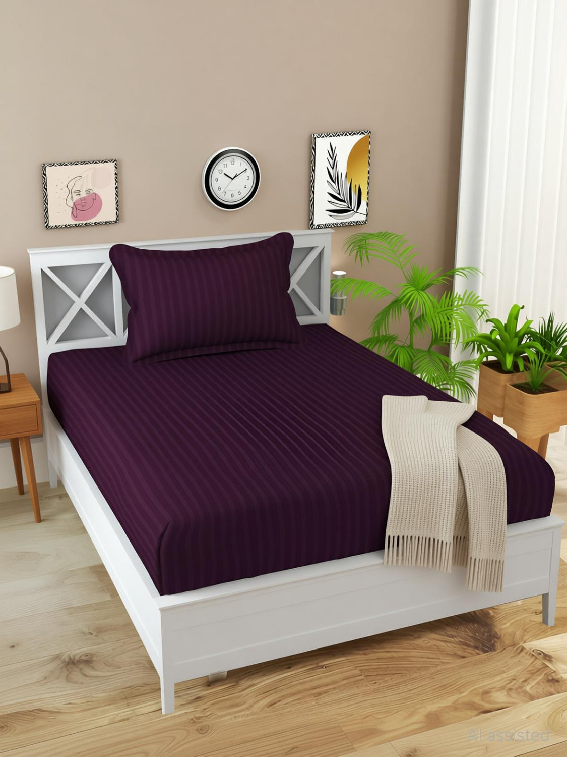Image of Home Stylish Polycotton Single Flat 240 TC Striped 1 Bedsheet with 2 Pillow Covers