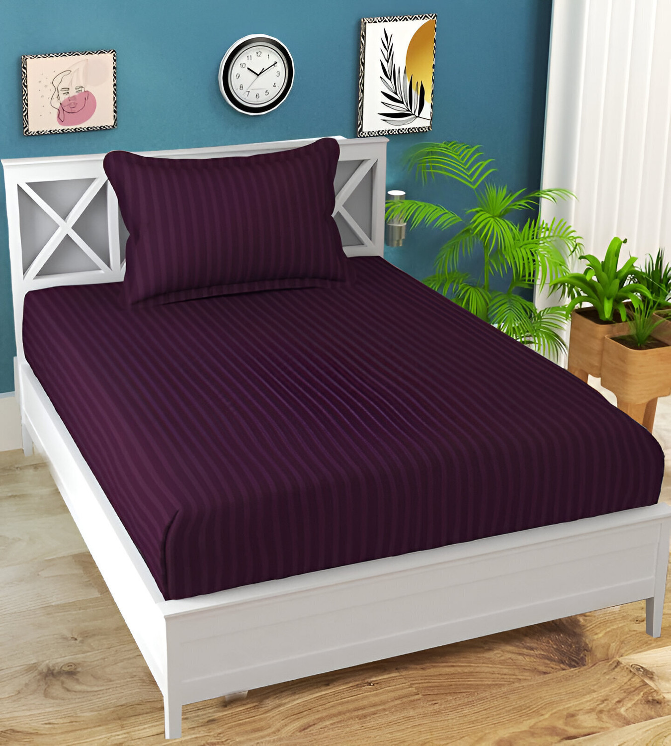 Image of Home Stylish Polycotton Single Flat 240 TC Striped 1 Bedsheet with 2 Pillow Covers