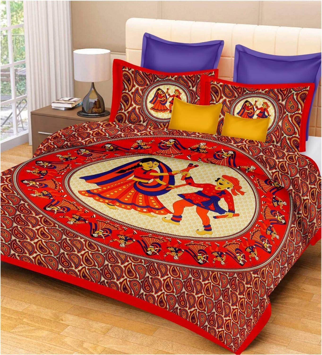 Ananta Cotton Double Flat 300 TC Jaipuri Prints 1 Bedsheet with 2 Pillow Covers