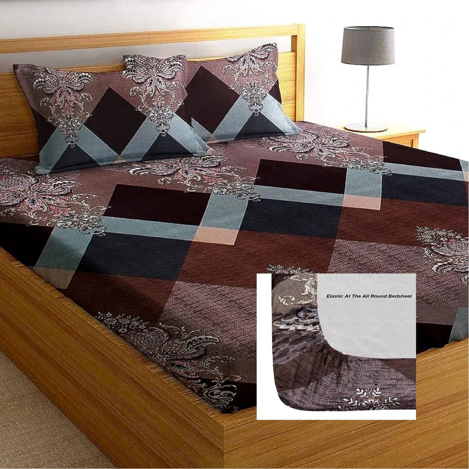 adhb Cotton Double Fitted (Elastic) 170 TC Geometric 1 Bedsheet with 2 Pillow Covers