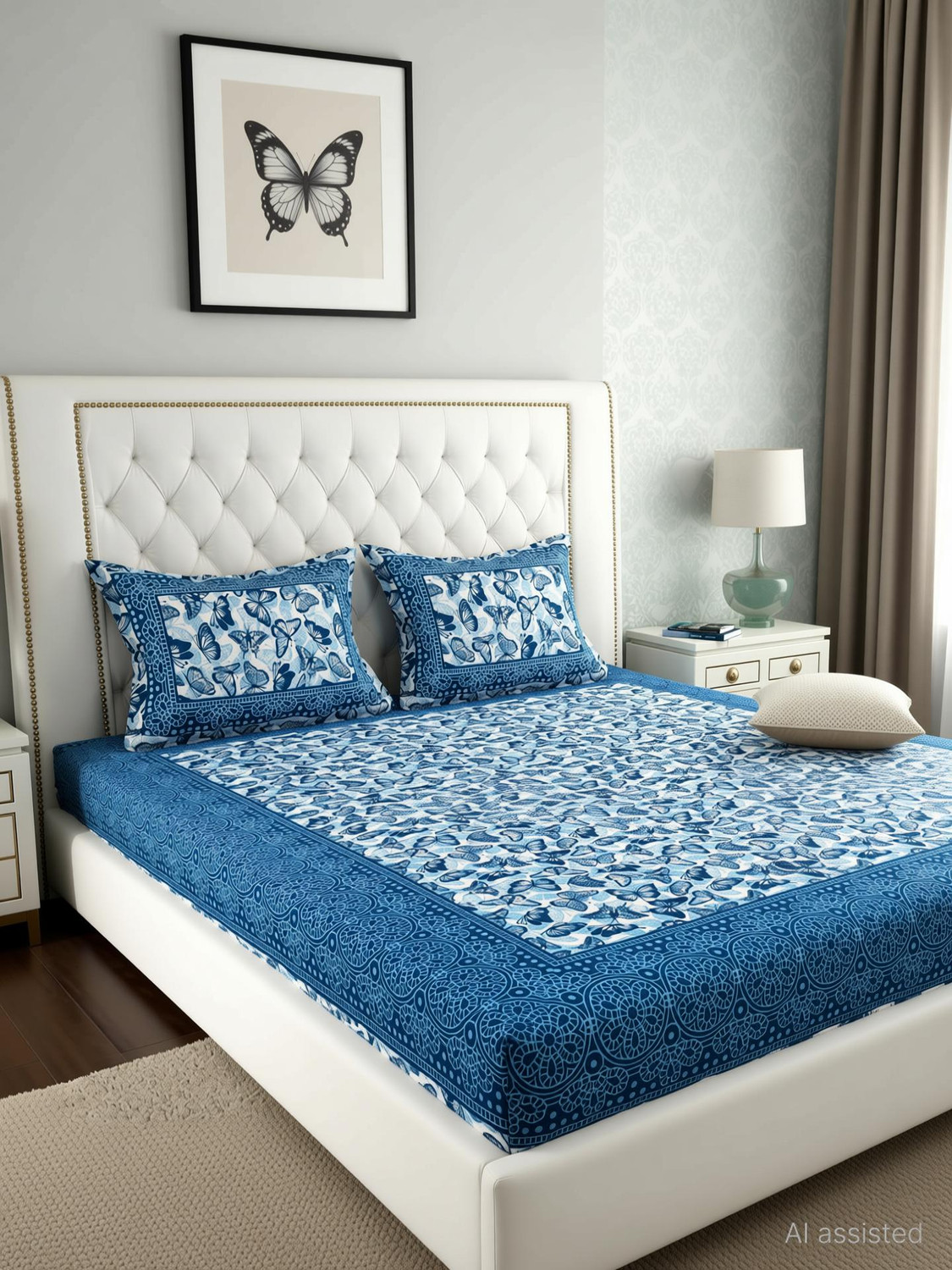 Image of MONAYRA Cotton Double Flat 144 TC Jaipuri Prints 1 Bedsheet with 2 Pillow Covers