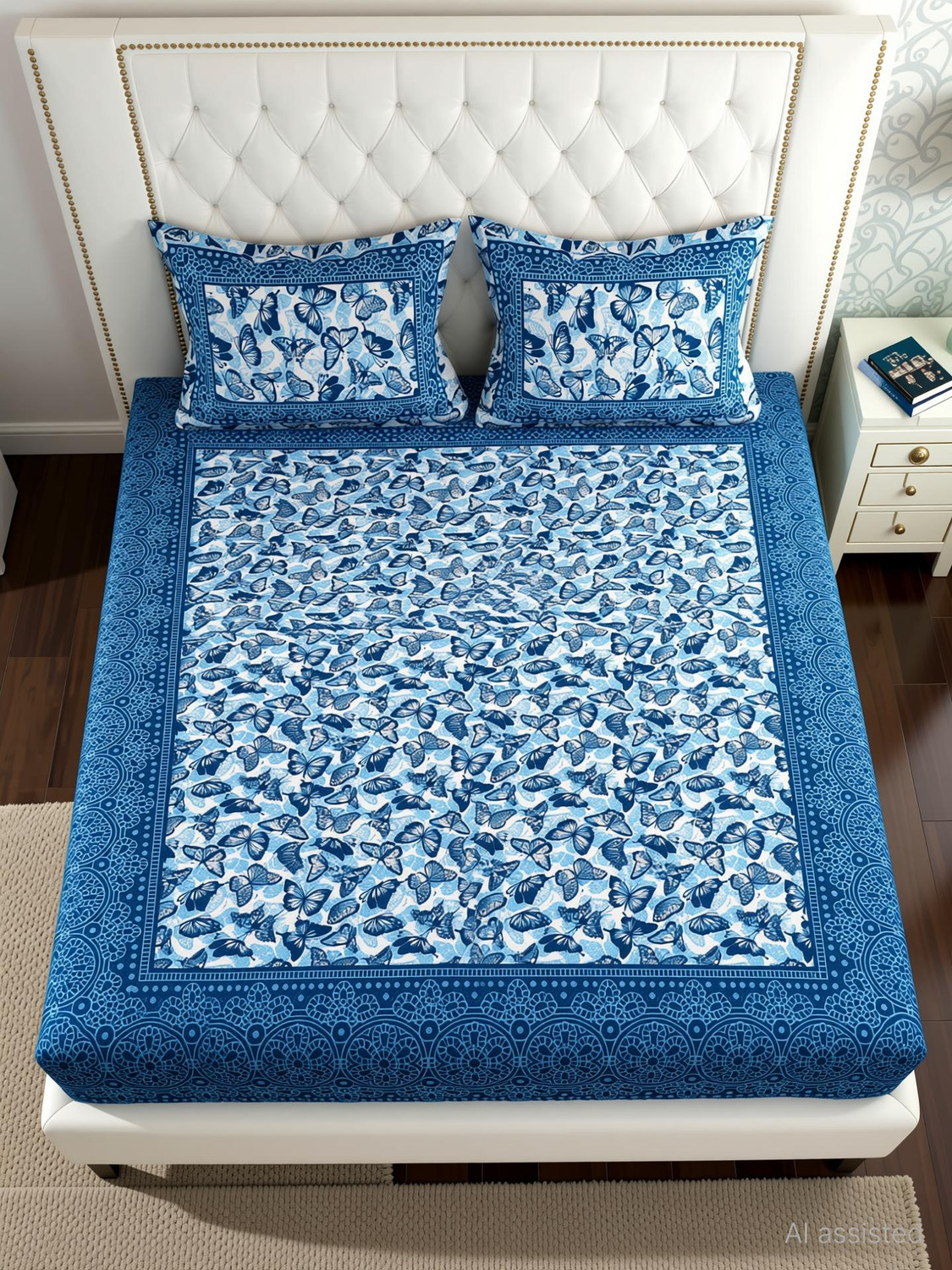 Image of MONAYRA Cotton Double Flat 144 TC Jaipuri Prints 1 Bedsheet with 2 Pillow Covers