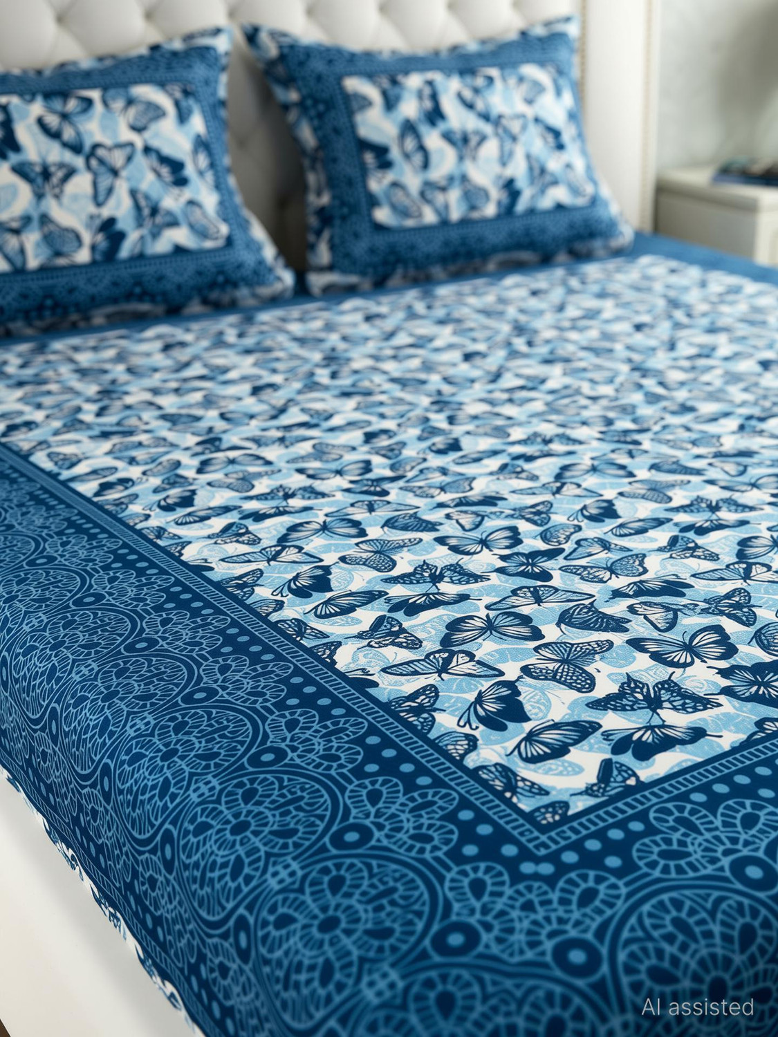 Image of MONAYRA Cotton Double Flat 144 TC Jaipuri Prints 1 Bedsheet with 2 Pillow Covers