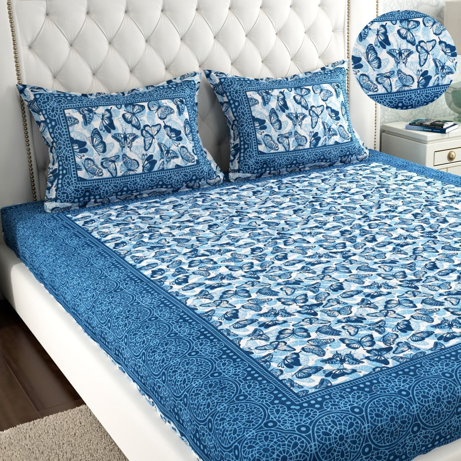 Image of MONAYRA Cotton Double Flat 144 TC Jaipuri Prints 1 Bedsheet with 2 Pillow Covers