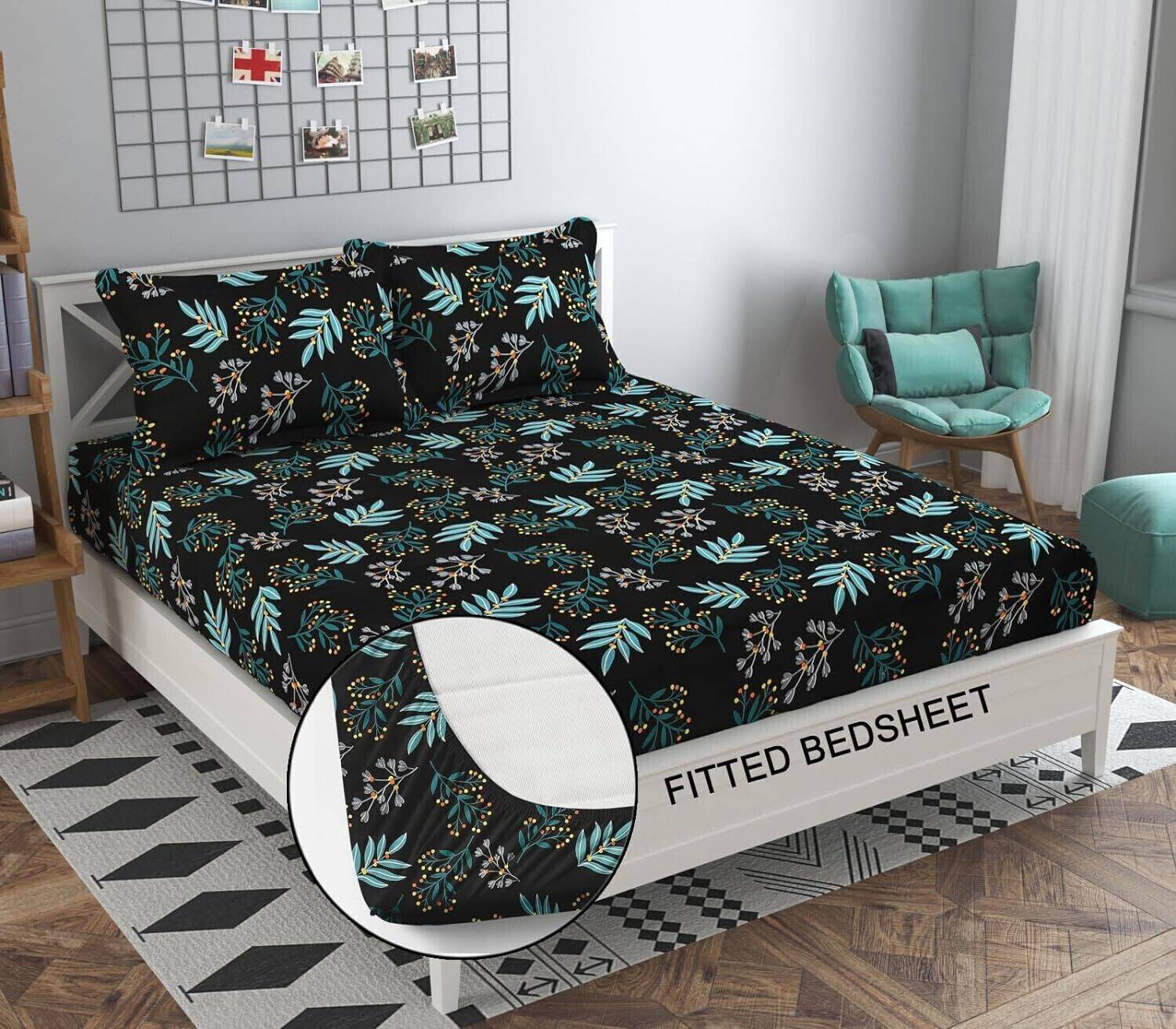 A11 M@LL Cotton King Fitted (Elastic) 300 TC Floral 1 Bedsheet with 2 Pillow Covers