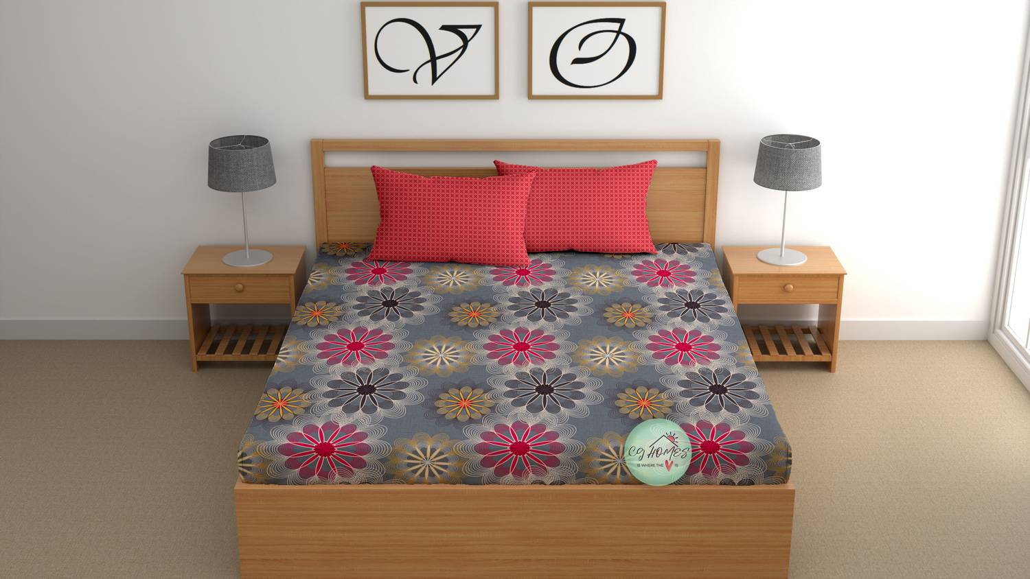 CG Homes Cotton Double Fitted (Elastic) 180 TC Printed 1 Bedsheet