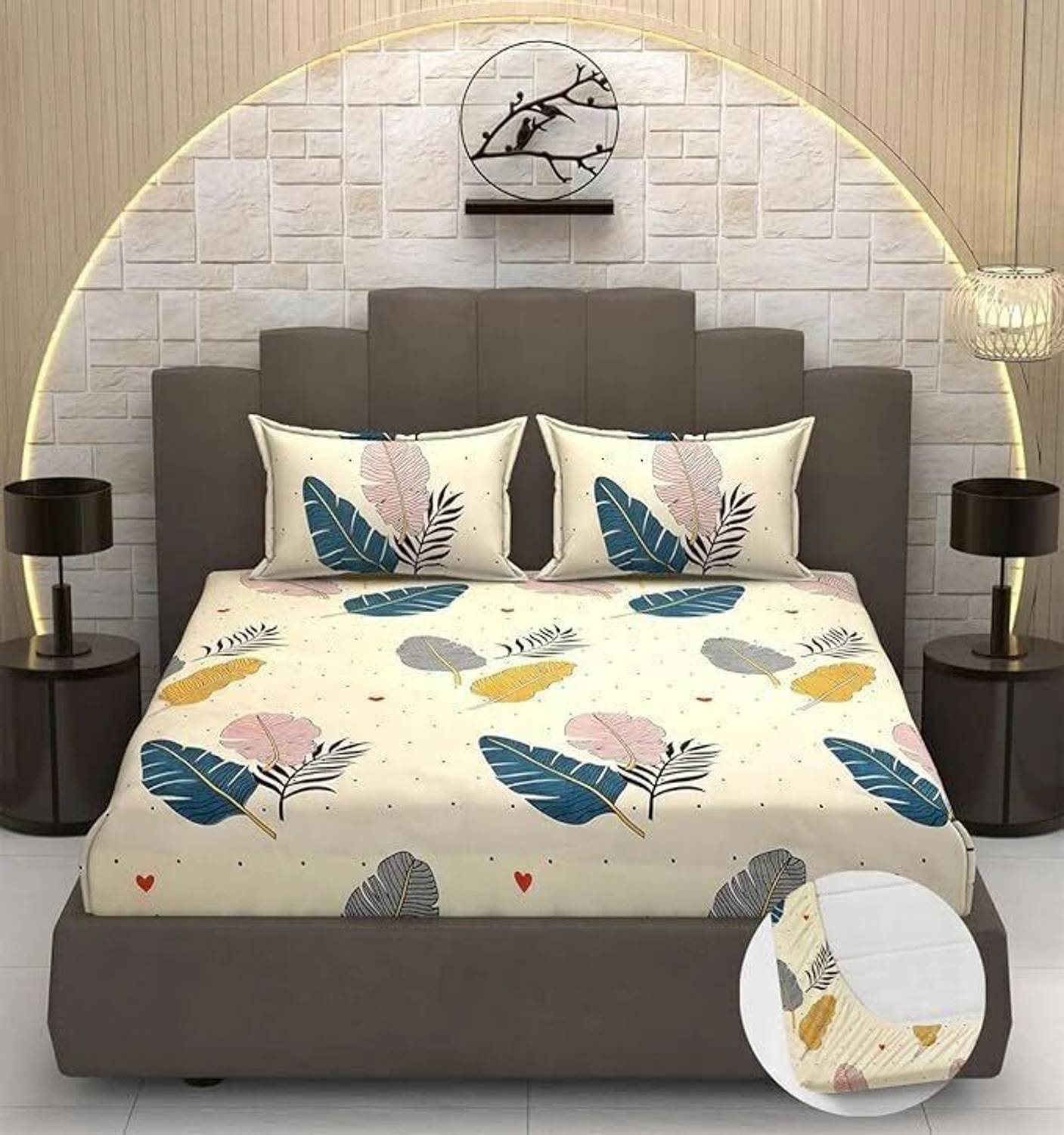 ANAND DECOR MORE Cotton Double Fitted (Elastic) 170 TC Floral 1 Bedsheet with 2 Pillow Covers