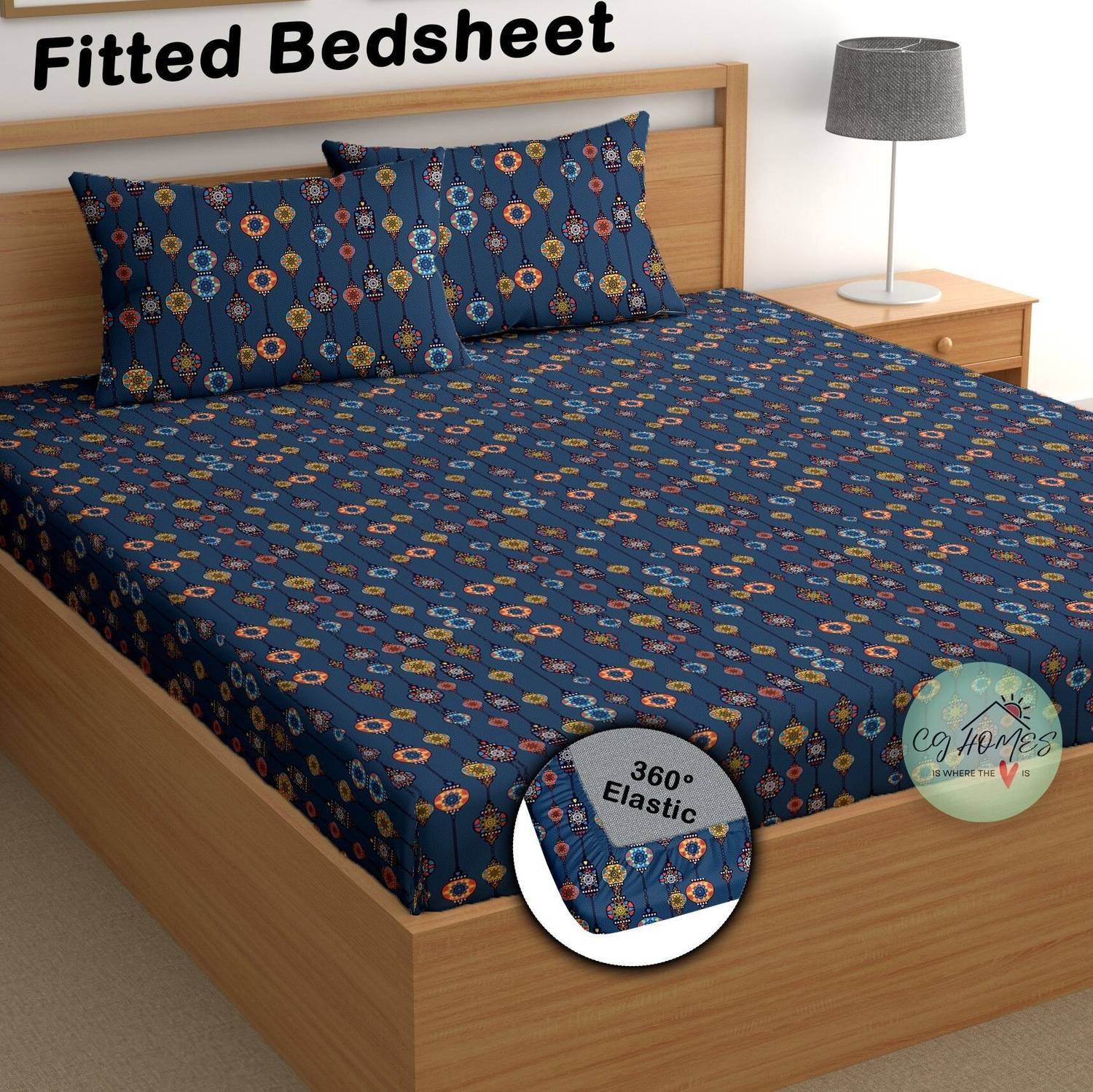 CG Homes Cotton Double Fitted (Elastic) 180 TC Printed 1 Bedsheet
