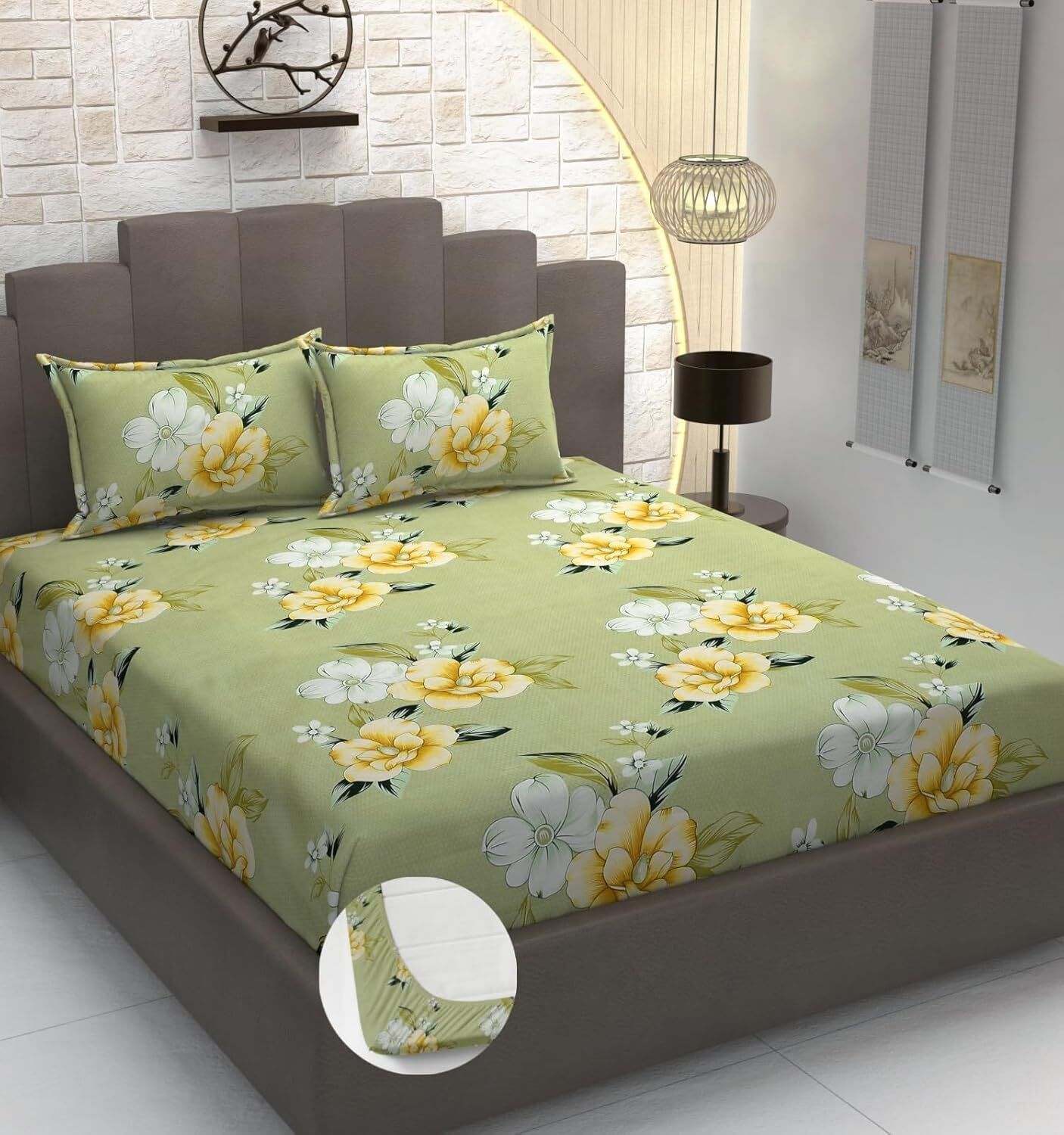 Image of LA MANTTA Cotton Blend Double Fitted (Elastic) 220 TC Floral 1 Bedsheet