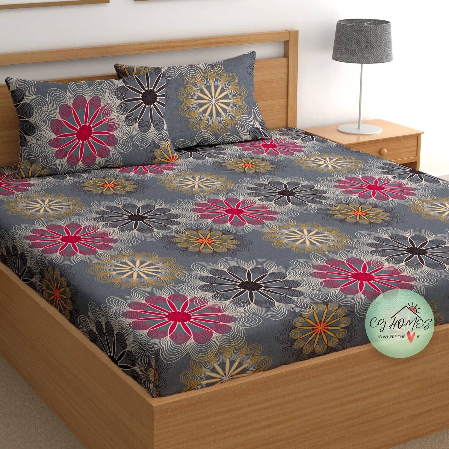 CG Homes Cotton Double Flat 180 TC Printed 1 Bedsheet with 2 Pill