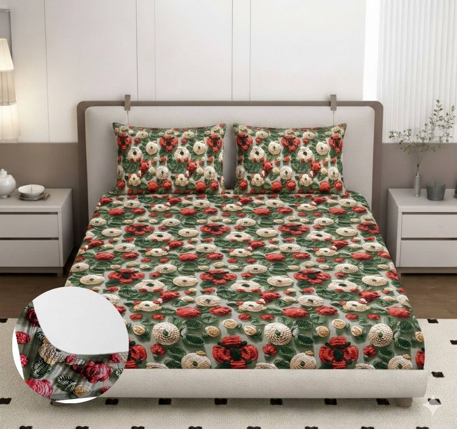 BM Decor Cotton King Fitted (Elastic) 310 TC Floral 1 Summer Bedsheet with 2 Pillow Covers