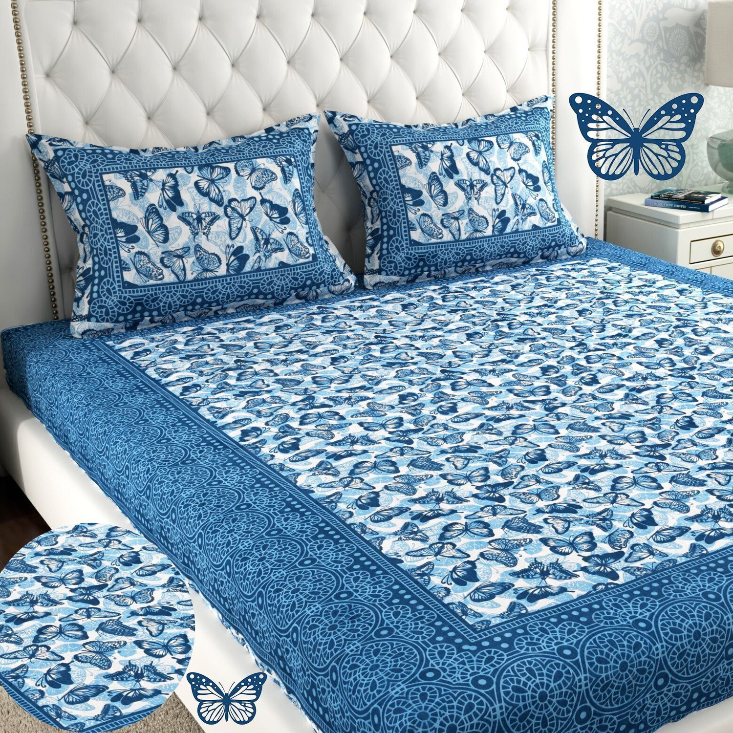 Image of MONAYRA Cotton Double Flat 144 TC Jaipuri Prints 1 Bedsheet with 2 Pillow Covers