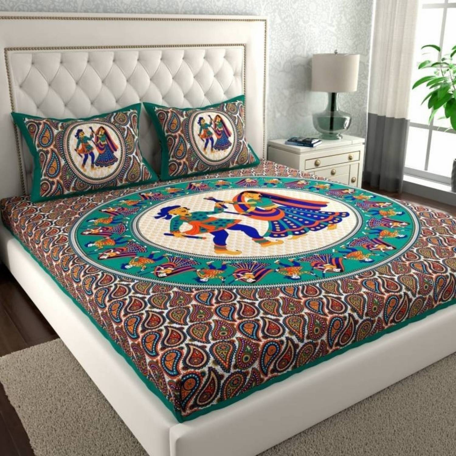 COZYKO Cotton Double Flat 144 TC Jaipuri Prints 1 Bedsheet with 2 Pillow Covers