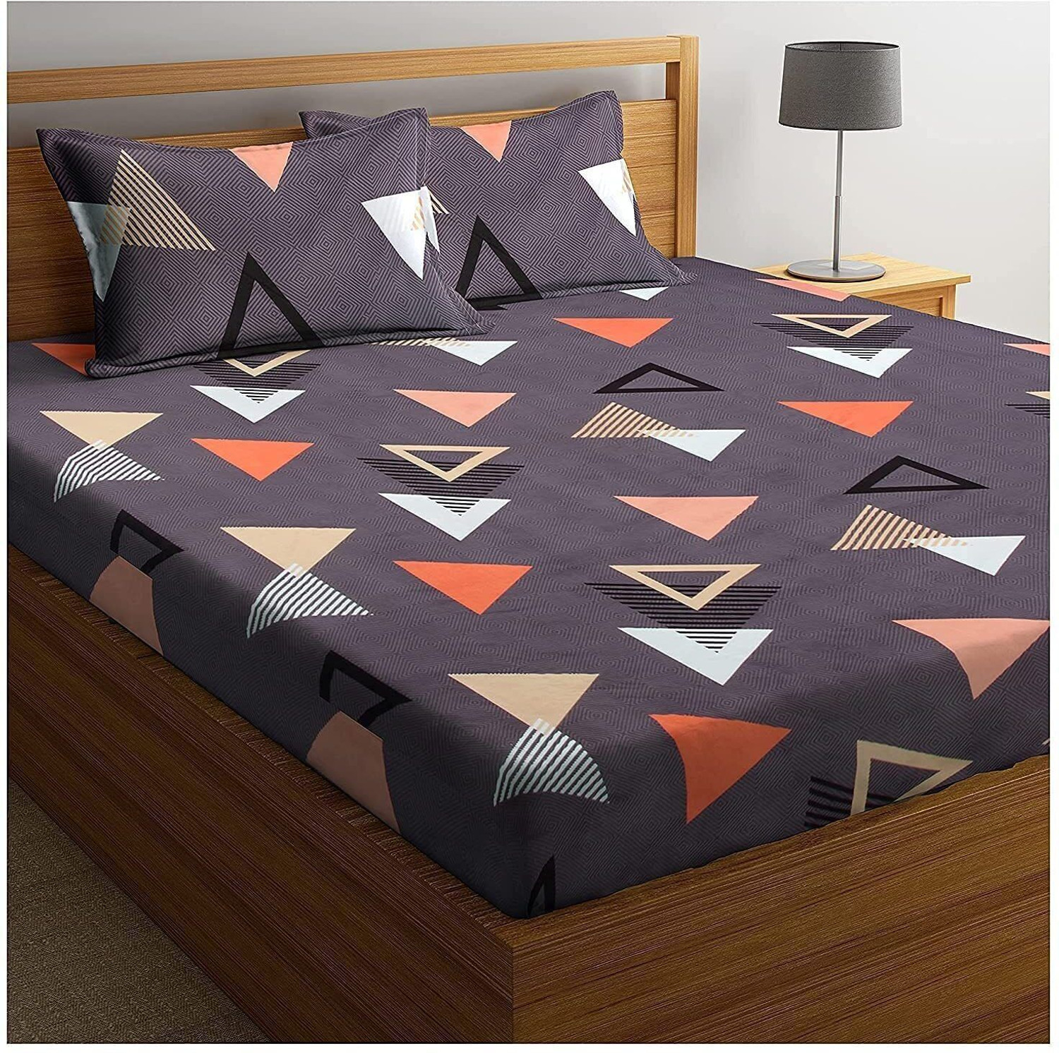 Image of decokivt Cotton Double, King Fitted (Elastic) 250 TC Geometric 1 Bedsheet with 2 Pillow Covers (Luxury Triangle Design White Wrinkle Free Soft Bedsheet)