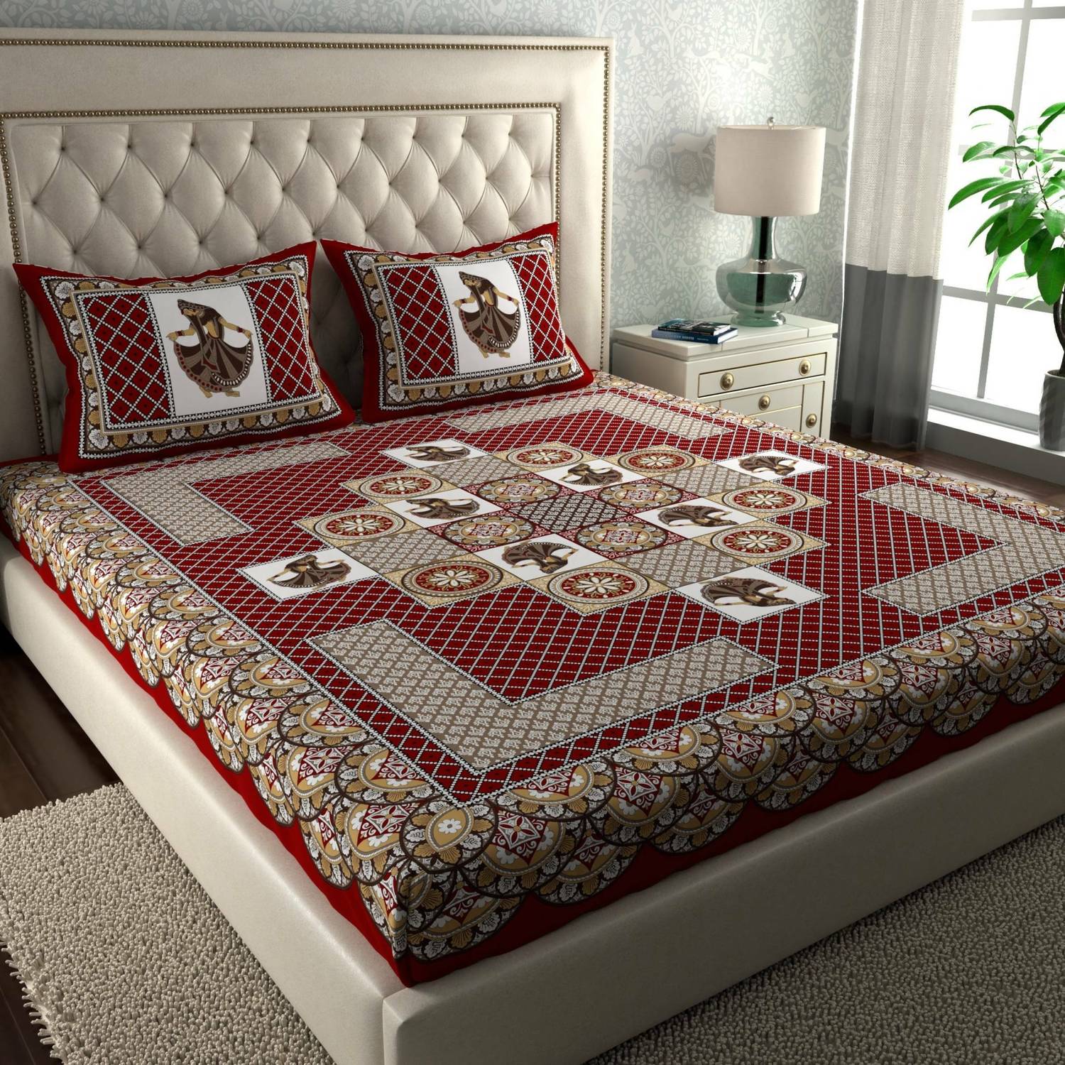 CLOTHOLOGY Cotton Double Flat 144 TC Jaipuri Prints 1 Bedsheet wi