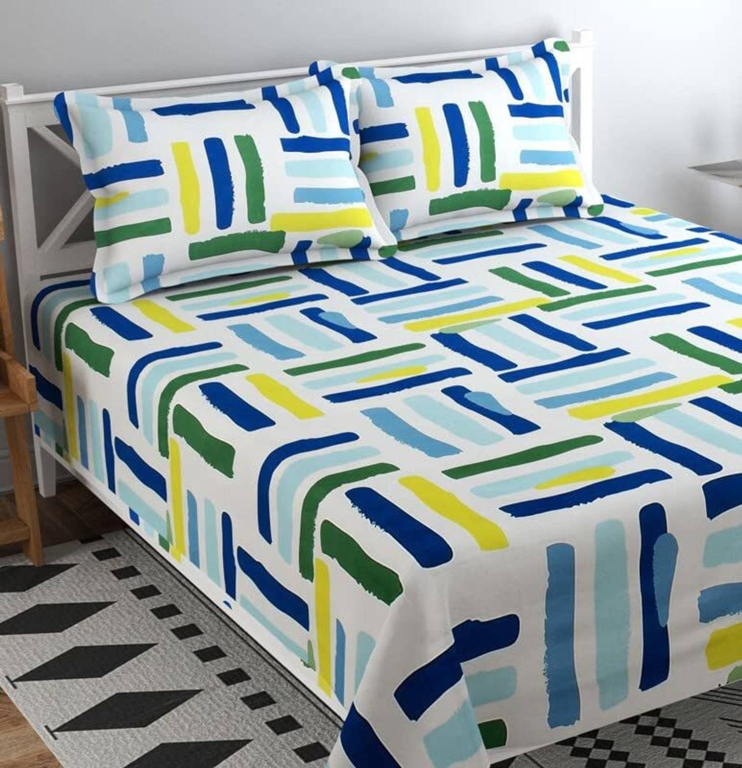 Amrange Cotton King Flat 210 TC Geometric 1 Bedsheet with 2 Pillo