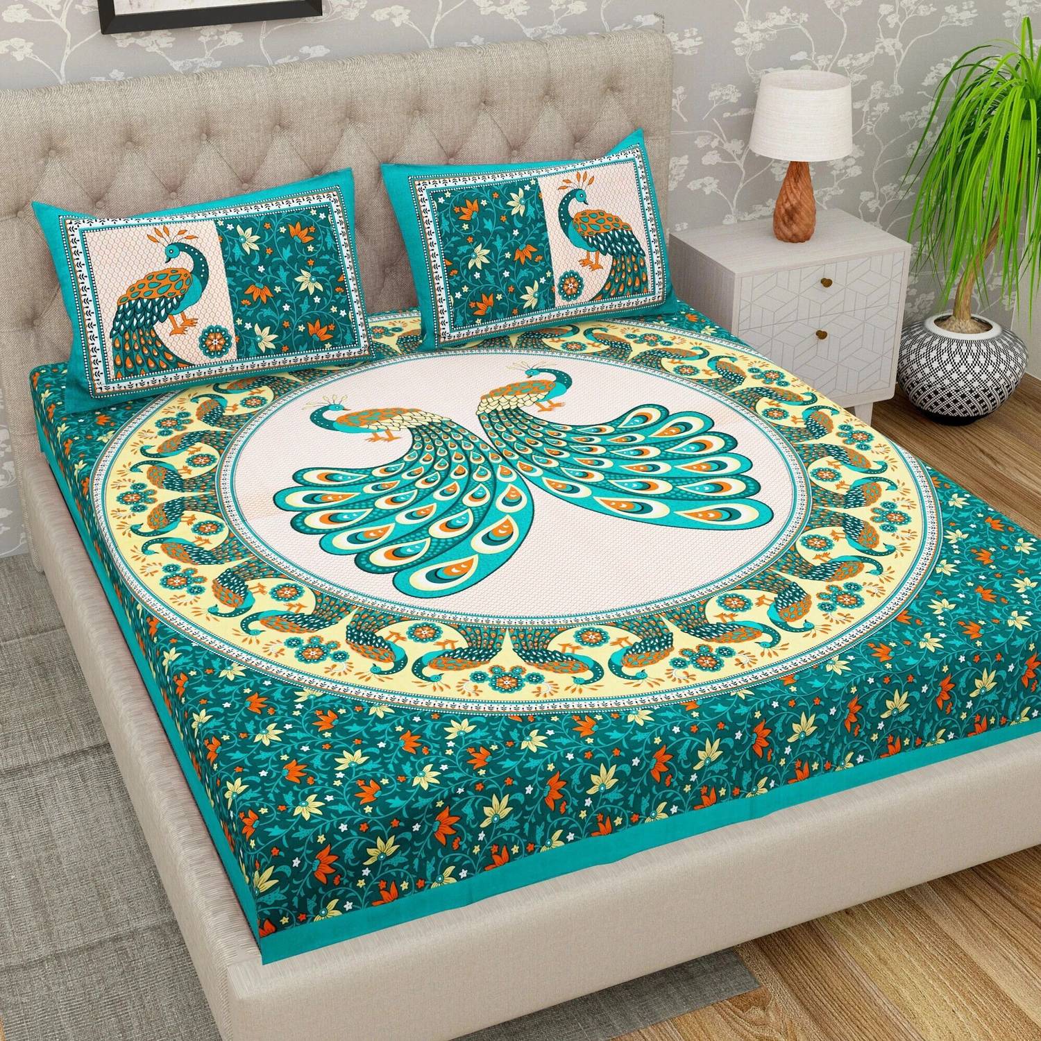 Leo Creation Cotton Double, Queen Flat 144 TC Jaipuri Prints 1 Be