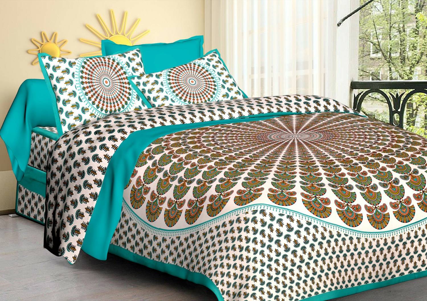 Aadhira Interio Cotton Double Flat 144 TC Jaipuri Prints 1 Bedsheet with 2 Pillow Covers