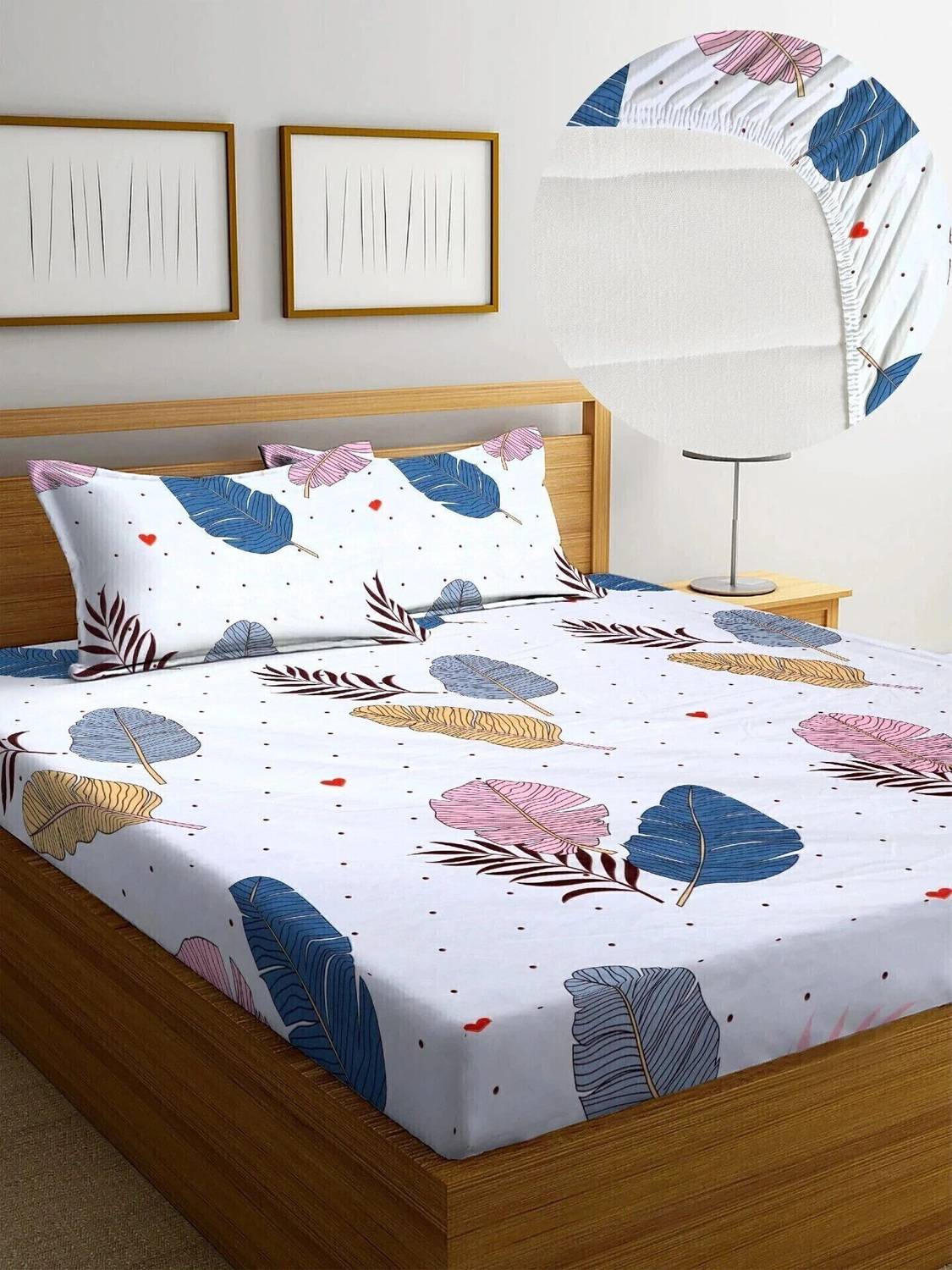 ananddecorhubs Cotton Queen Fitted (Elastic) 244 TC Printed 1 Bedsheet with 2 Pillow Covers