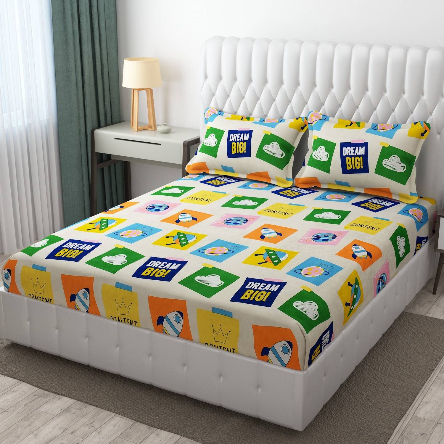 BROMWICK Microfiber Double Flat 300 TC Printed 1 Bedsheet with 2