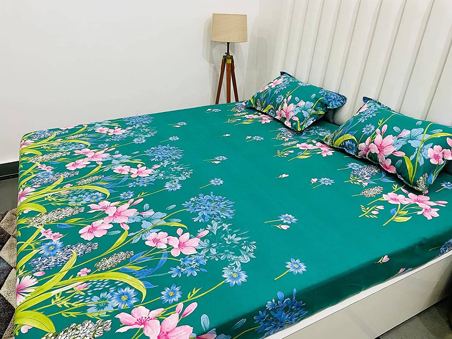 AVINYA Cotton Single Fitted (Elastic) 210 TC Floral 1 Bedsheet