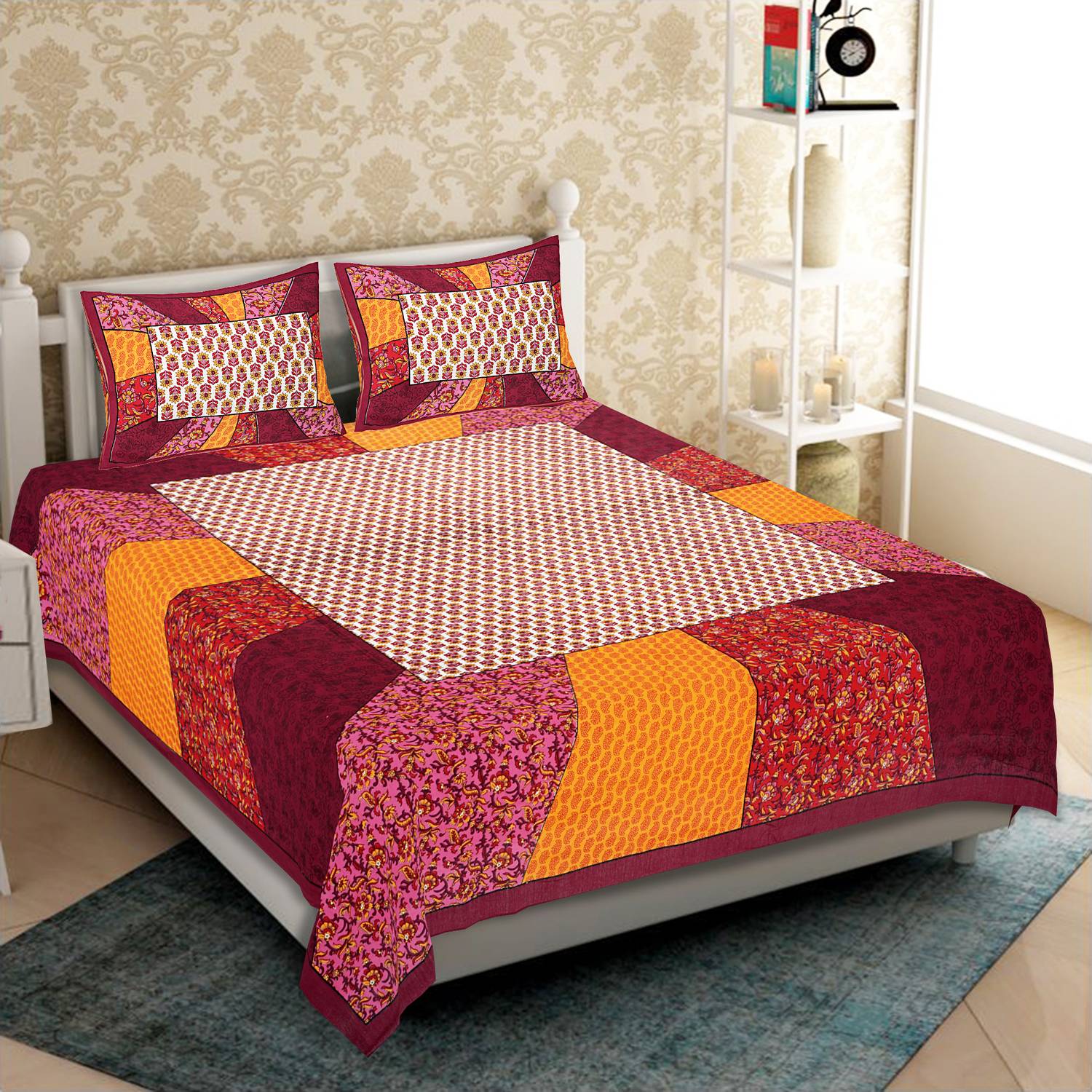 Monik Handicrafts Cotton Double Flat 144 TC Jaipuri Prints 1 Bedsheet with 2 Pillow Covers