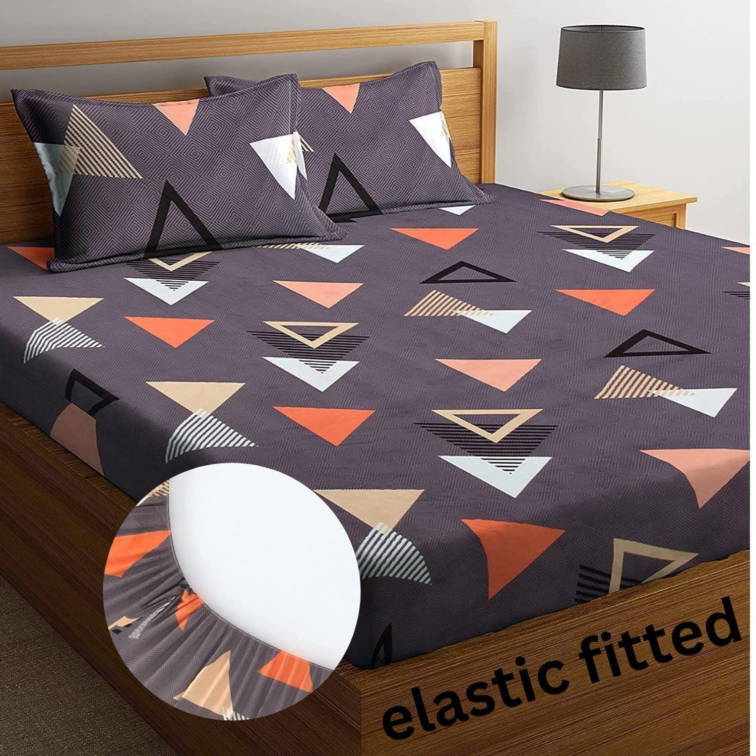 Image of decokivt Cotton Double, King Fitted (Elastic) 250 TC Geometric 1 Bedsheet with 2 Pillow Covers (Luxury Triangle Design White Wrinkle Free Soft Bedsheet)