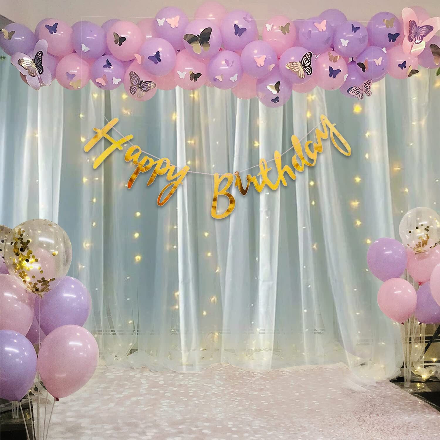 PARTY MIDLINKERZ Butterfly Theme Purple Birthday Decoration item kit combo 81 Pcs Led Net Curtain