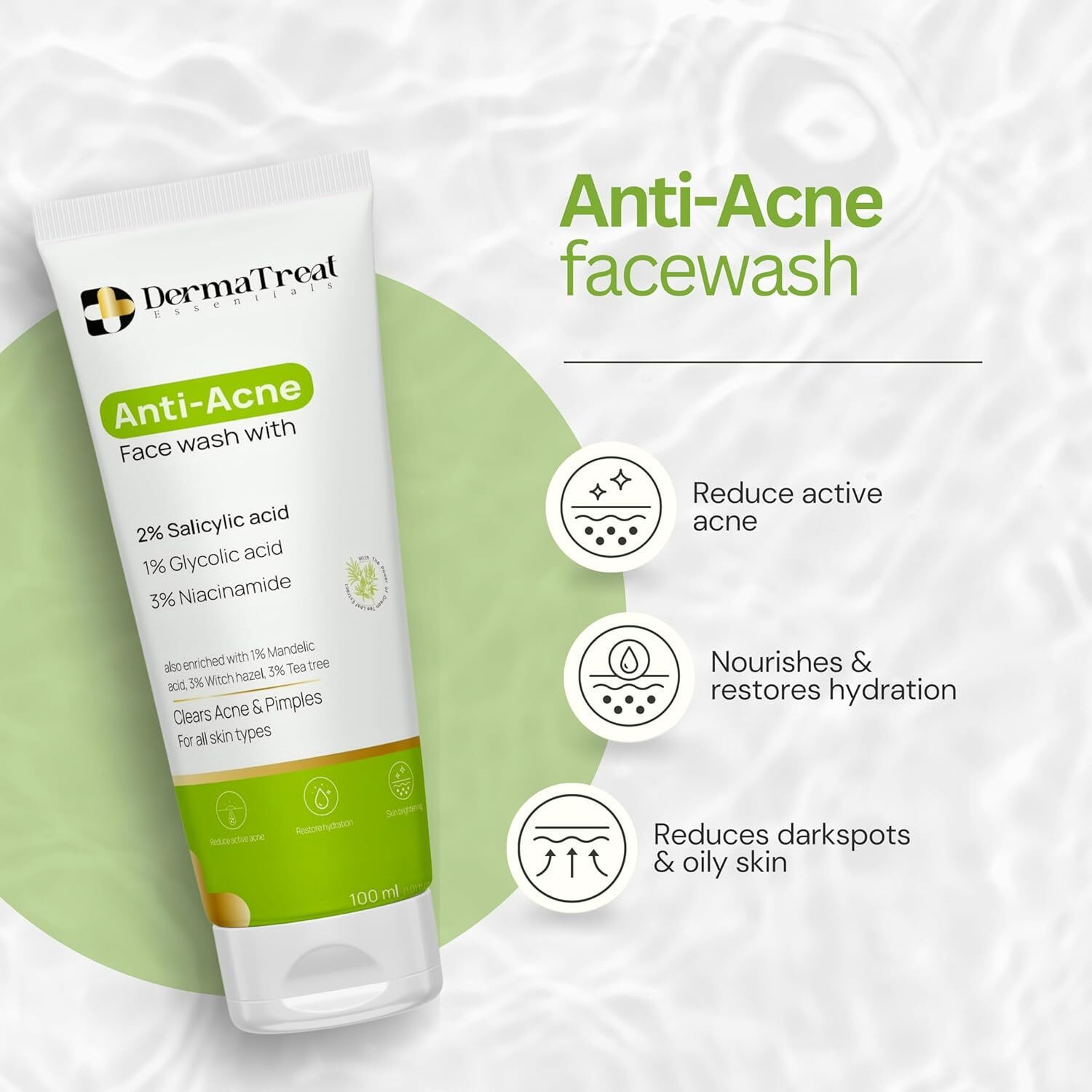Image of DermaTreat Essentials Acne Control with Salicylic Acid | Reduces Pimples, Clears Pores and Prevents Breakouts | For Oily and Acne-Prone Skin | Pack of 2 Face Wash