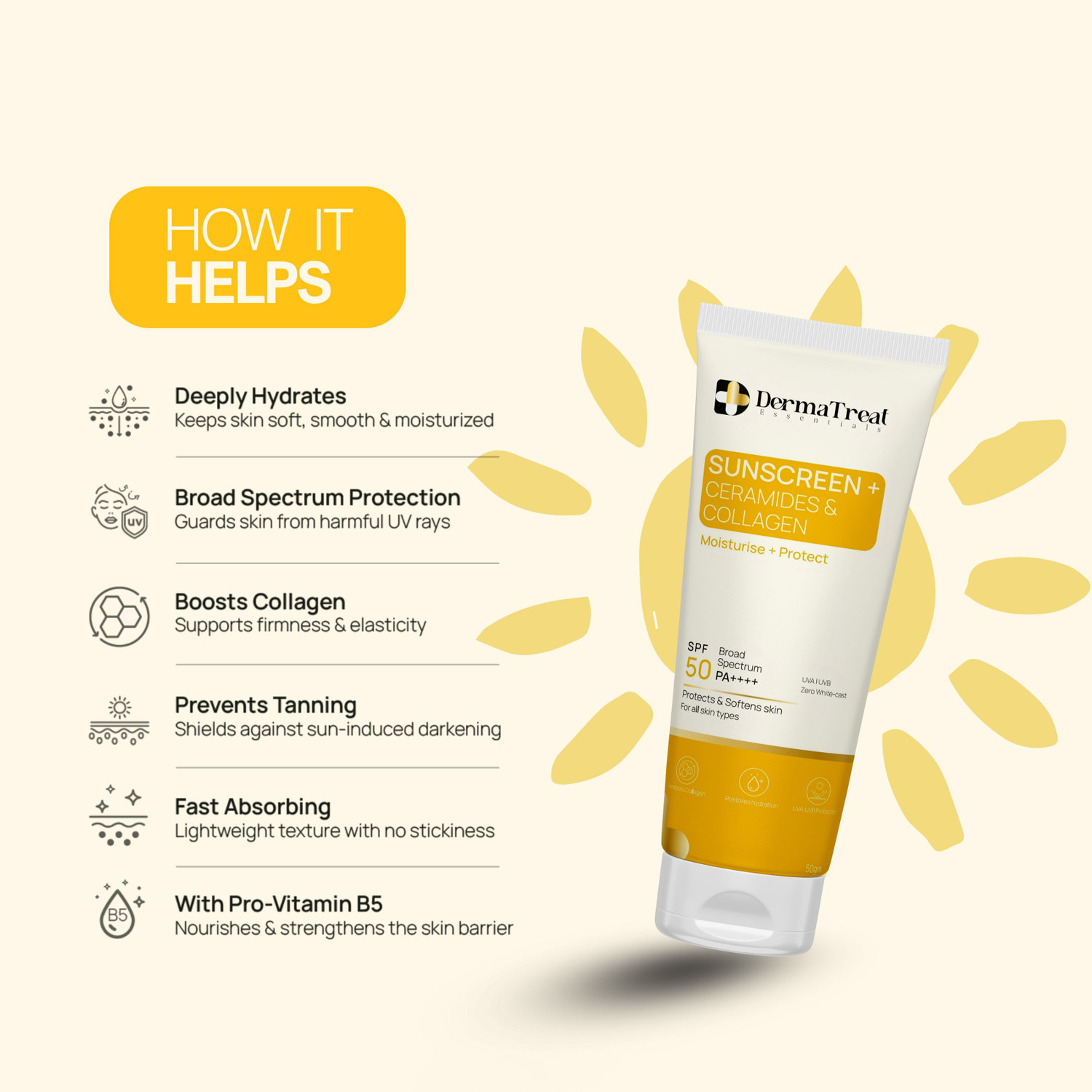 Image of DermaTreat Essentials Sunscreen - SPF 50 PA++++ Moisturizer, Smooth Skin & No White Cast
