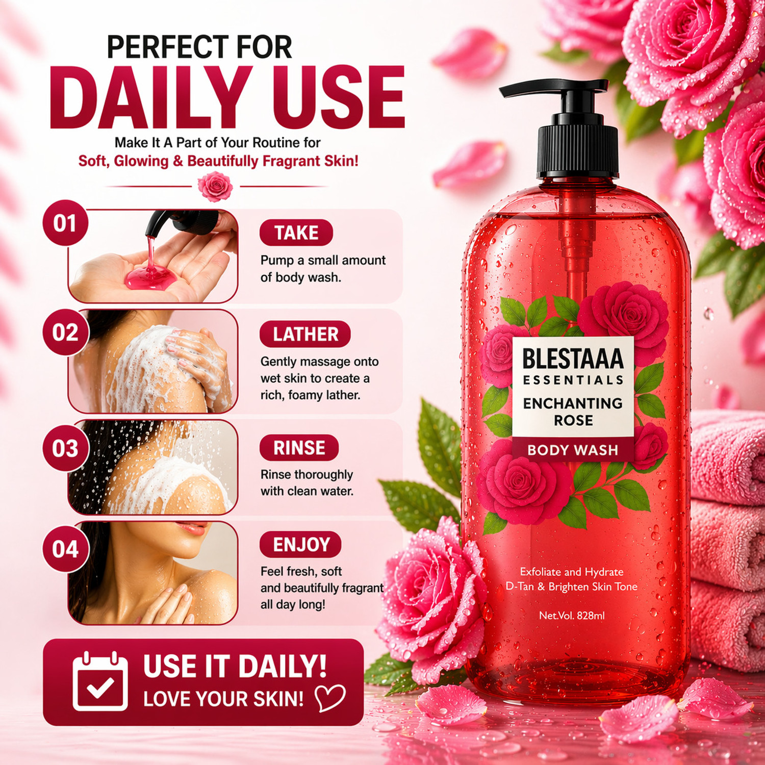Image of blestaaa essentialss Rose Body Wash for Gentle Cleansing, Nourished Skin & Daily Care Routine