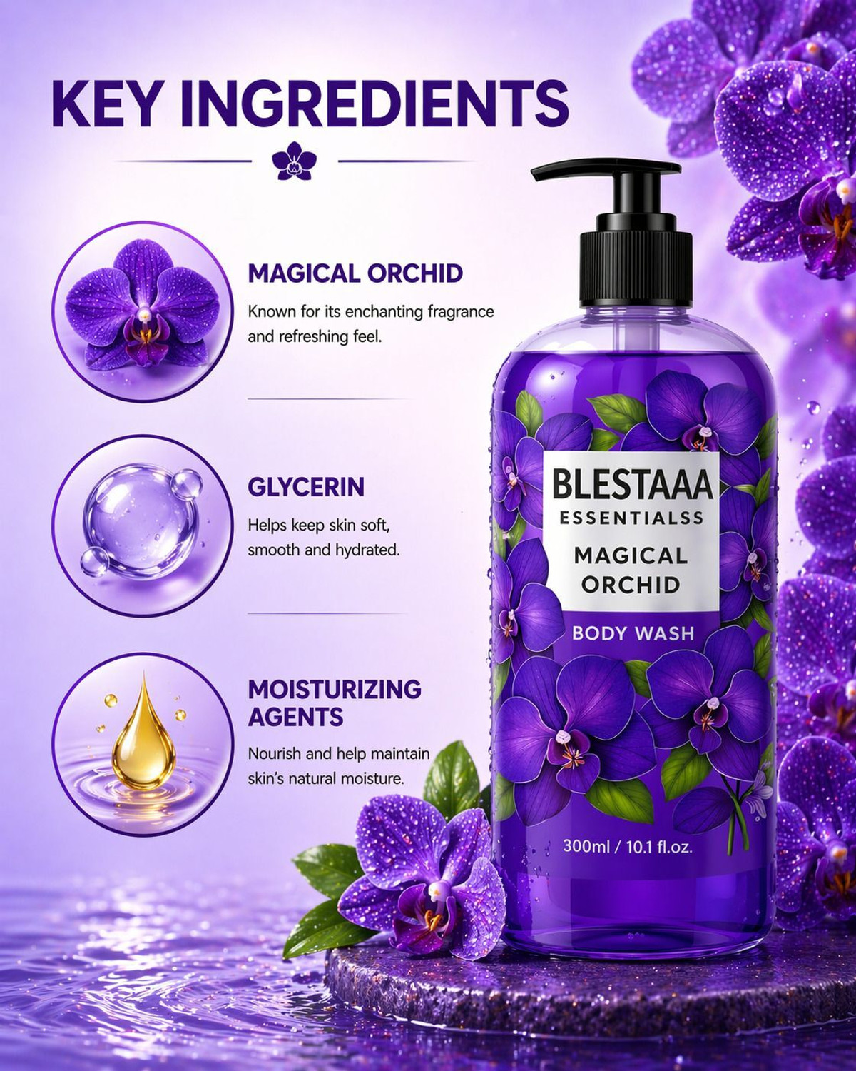 Image of blestaaa essentialss Orchid Body Wash Hydrating & Nourishing Shower Gel | Suitable for All Skin Types
